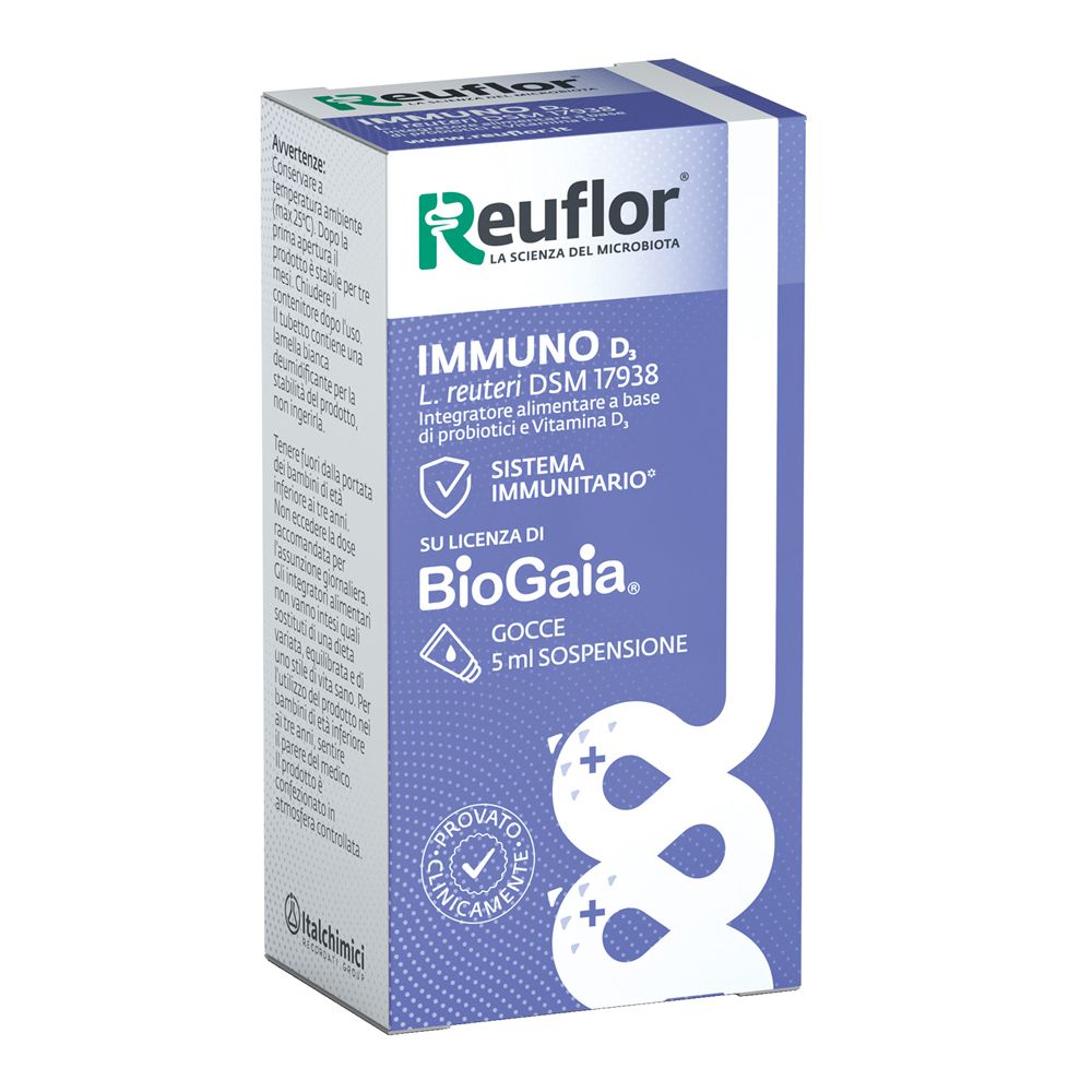 Reuflor D3 Gocce: Confezione in cartone, vista frontale e laterale con informazioni sul prodotto e istruzioni.