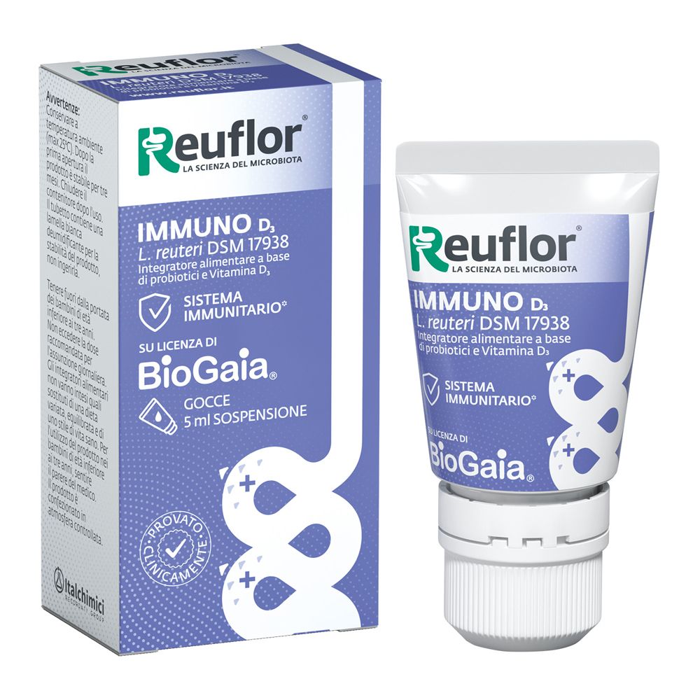 Reuflor D3 Gocce: Confezione in cartone e flaconcino contagocce da 5 ml di sospensione, per il sistema immunitario.