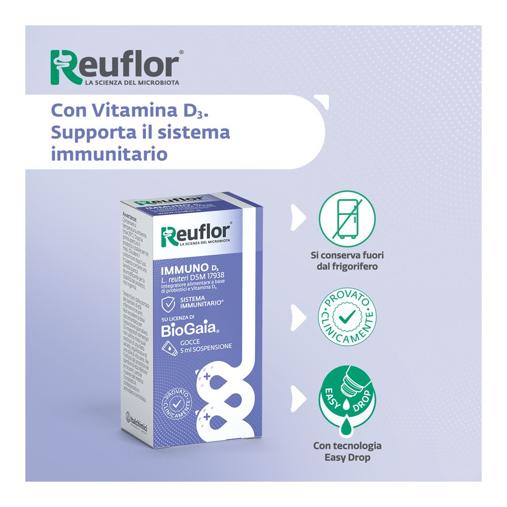 Reuflor D3 Gocce: Confezione in cartone con vitamina D3 che supporta il sistema immunitario. Indicazioni di conservazione.