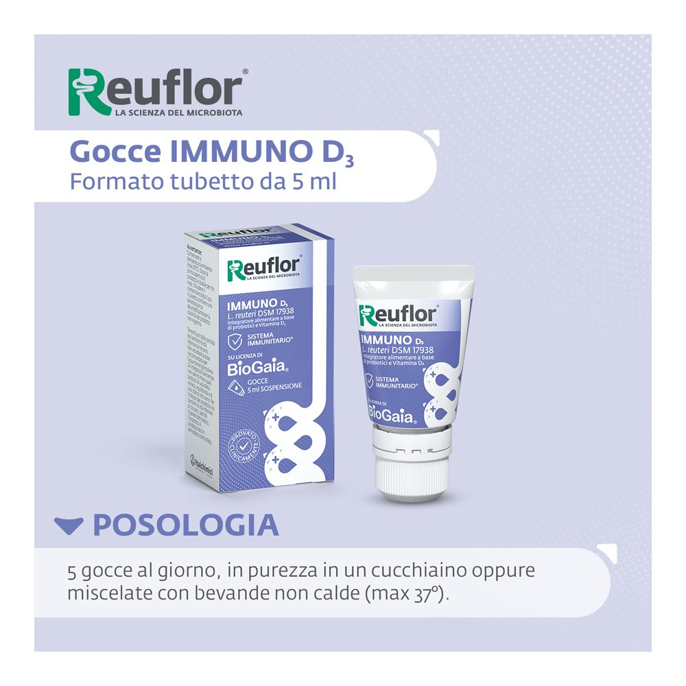 Reuflor D3 Gocce: Confezione in cartone e flaconcino contagocce (5 ml di sospensione) per il sistema immunitario.