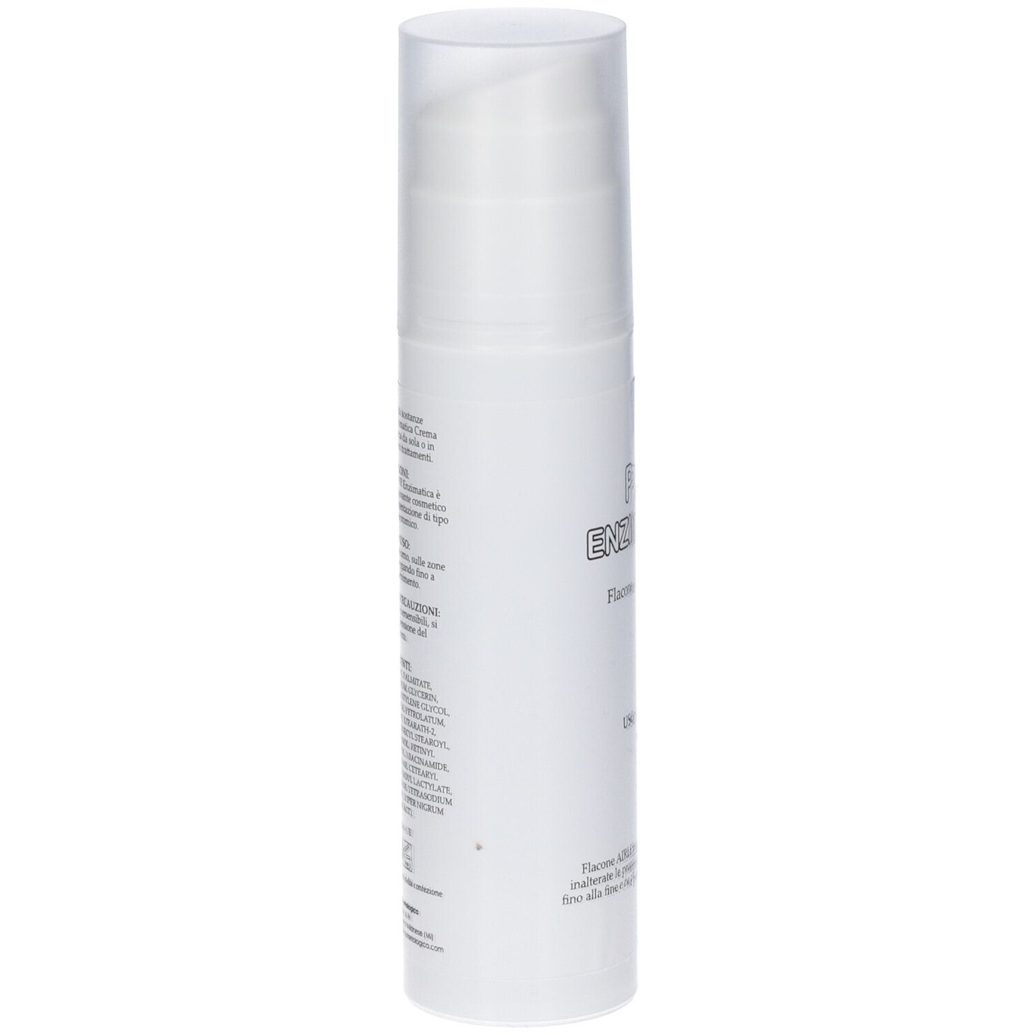 Flacone bianco con dosatore. Testo laterale. Dettagli e ingredienti.