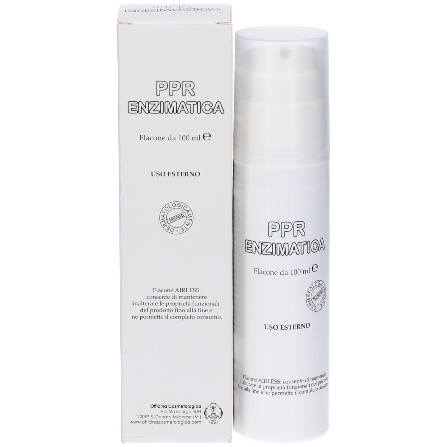 Flacone e confezione del prodotto. Scritta: PPR ENZIMATICA. Testo: USO ESTERNO. Sigillo.