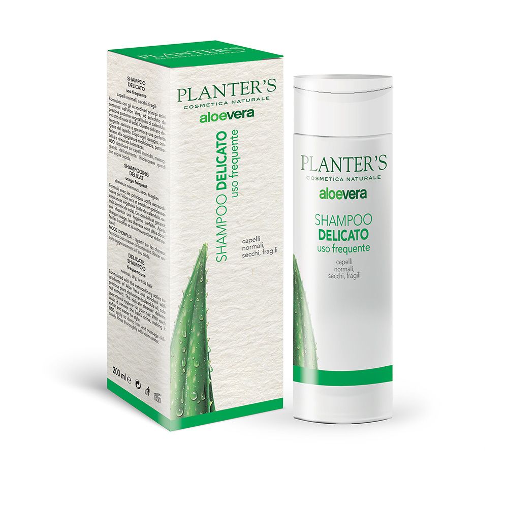 Confezione e flacone. Scritta: Planter's, aloe vera, Shampoo delicato, uso frequente. Con foglia di aloe vera.