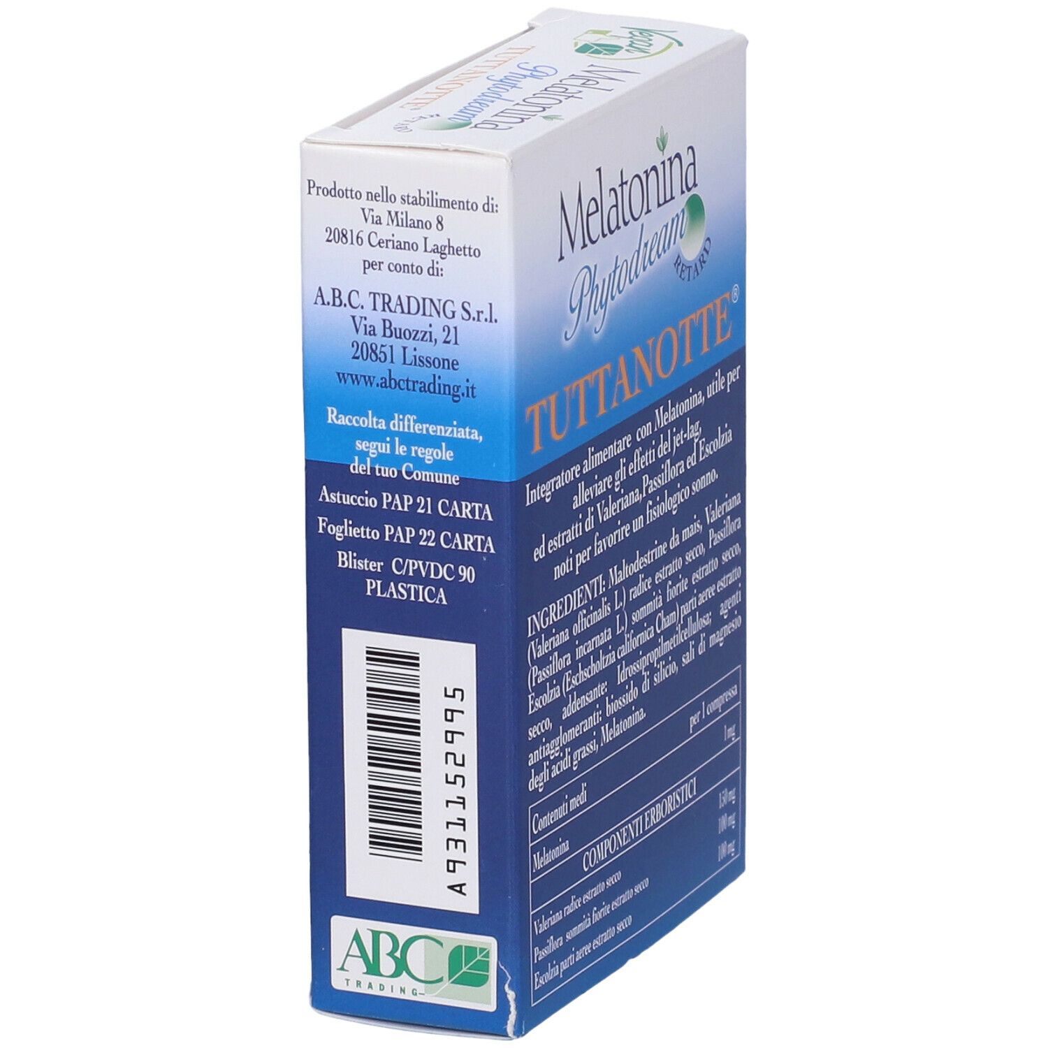 ABC Trading Melatonina Phytodream Tuttanotte Retard Compresse