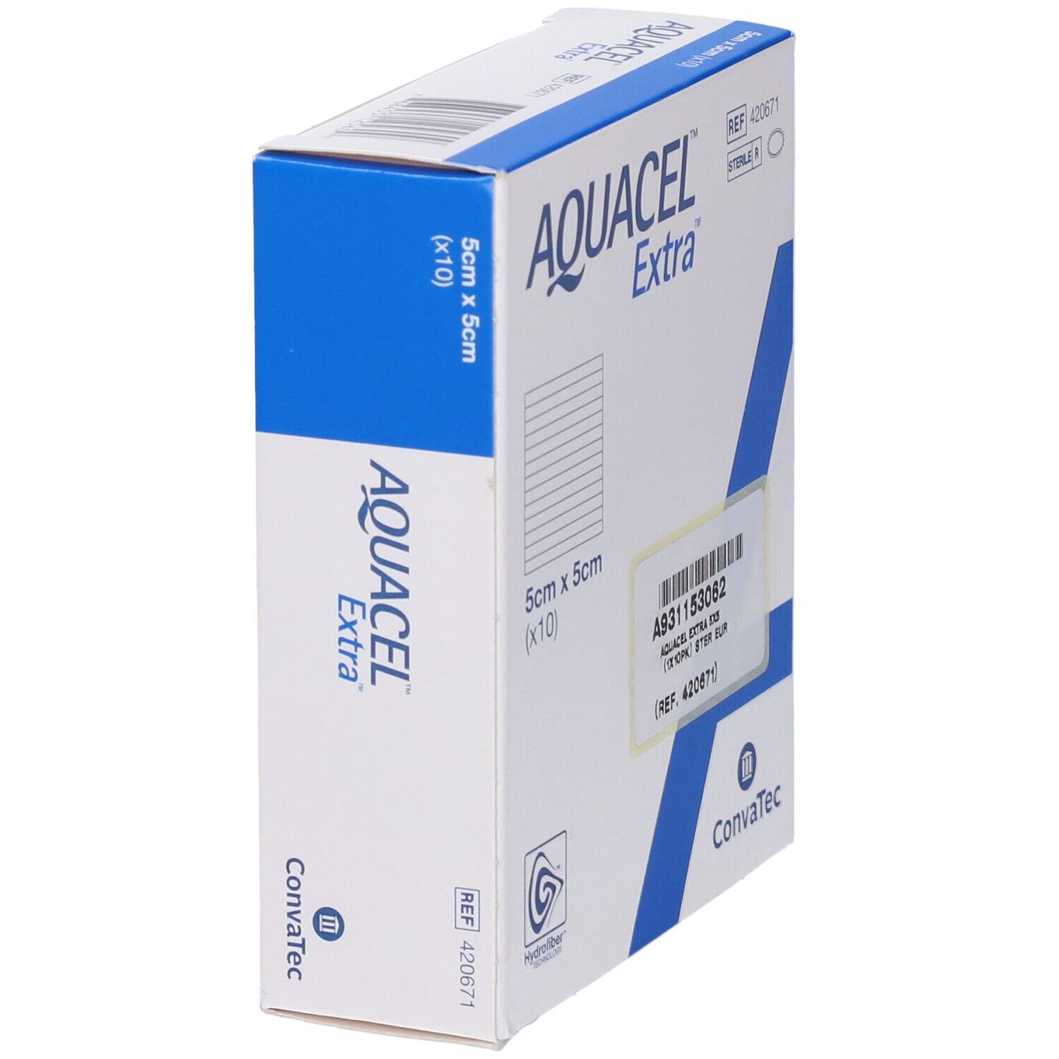 Vista laterale della confezione medicazione Aquacel Extra Hydrofiber, 5x5cm (10 pezzi).