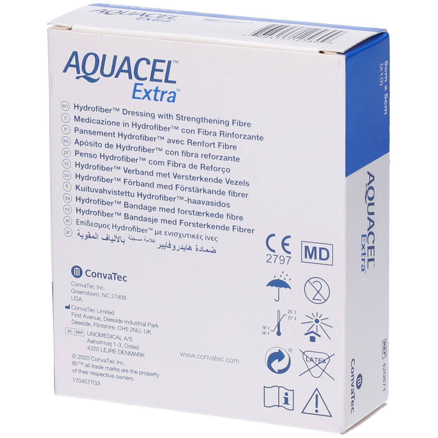 Retro della confezione medicazione Aquacel Extra Hydrofiber. Include sigilli CE, MD e simboli di applicazione.