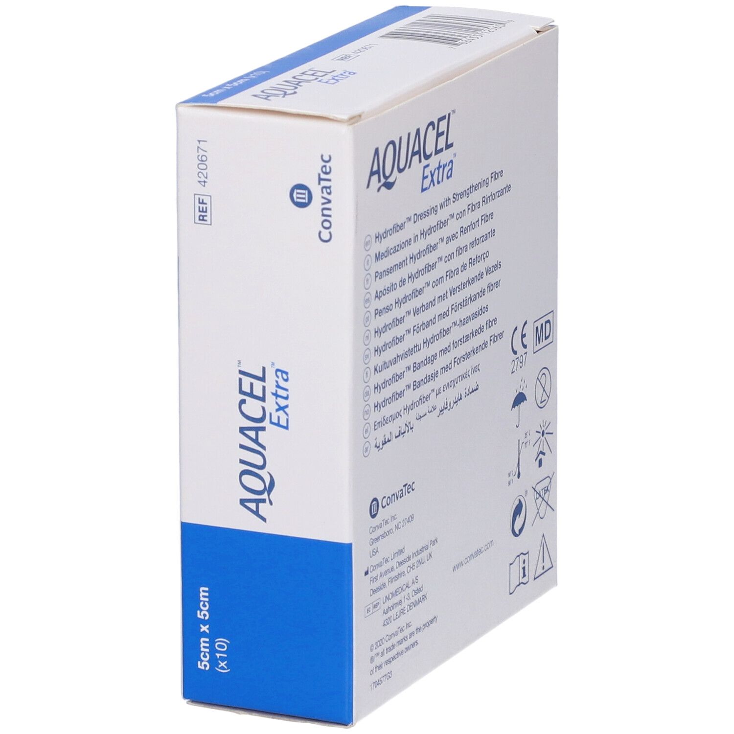 Vista laterale della confezione medicazione Aquacel Extra Hydrofiber, 5x5cm (10 pezzi).