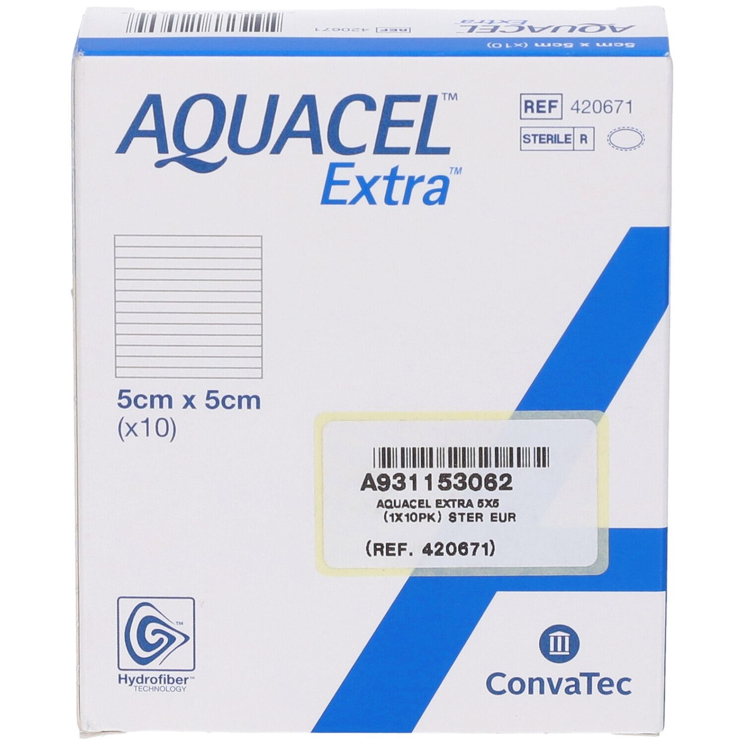 Confezione medicazione Aquacel Extra Hydrofiber, 5x5cm (10 pezzi). Con logo ConvaTec e codice a barre.