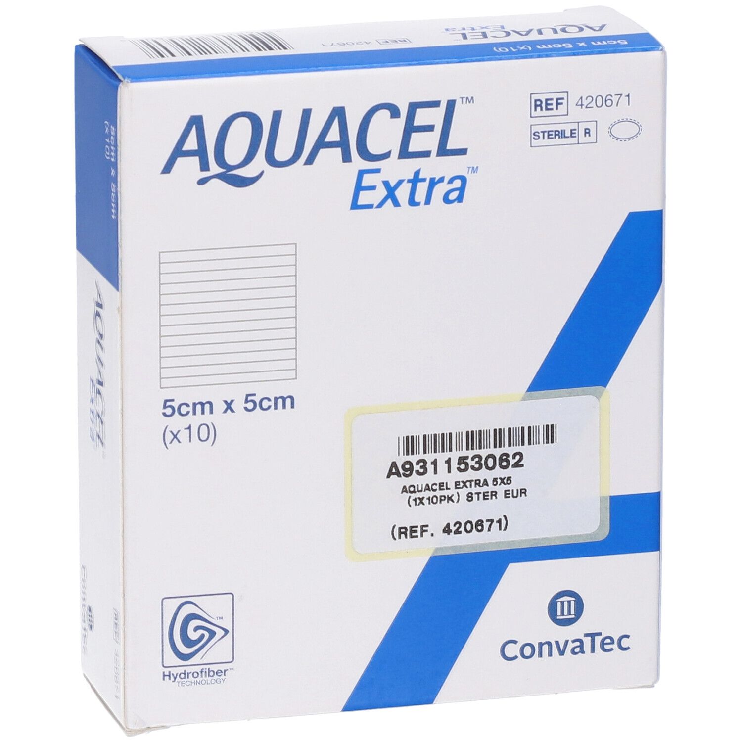 Confezione medicazione Aquacel Extra Hydrofiber, 5x5cm (10 pezzi). Con logo ConvaTec e codice a barre.