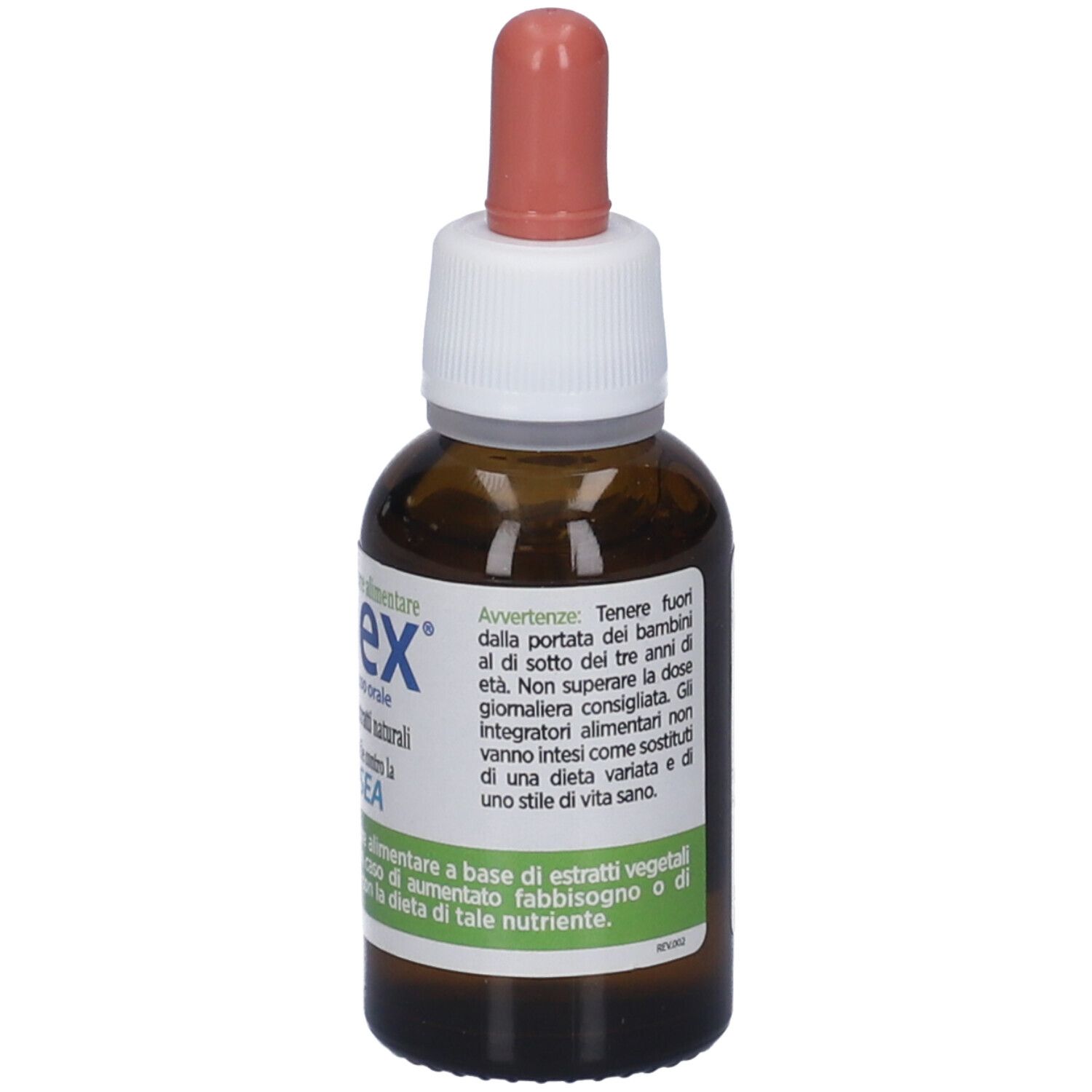 Flacone di vetro marrone con contagocce. Scritta: Emex. Avvertenze. Tenere fuori dalla portata dei bambini sotto i tre anni.