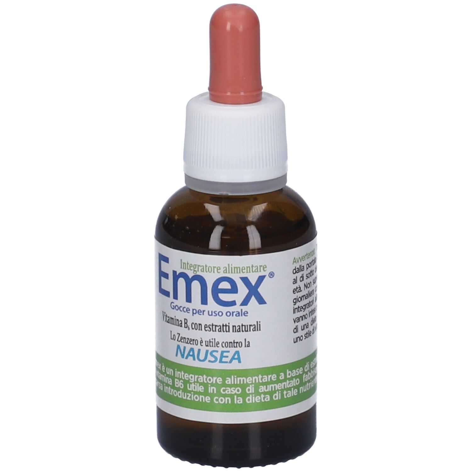 Flacone di vetro marrone con contagocce. Scritta: Emex, Gocce per uso orale, Vitamina B, con estratti naturali. Contro la nausea.