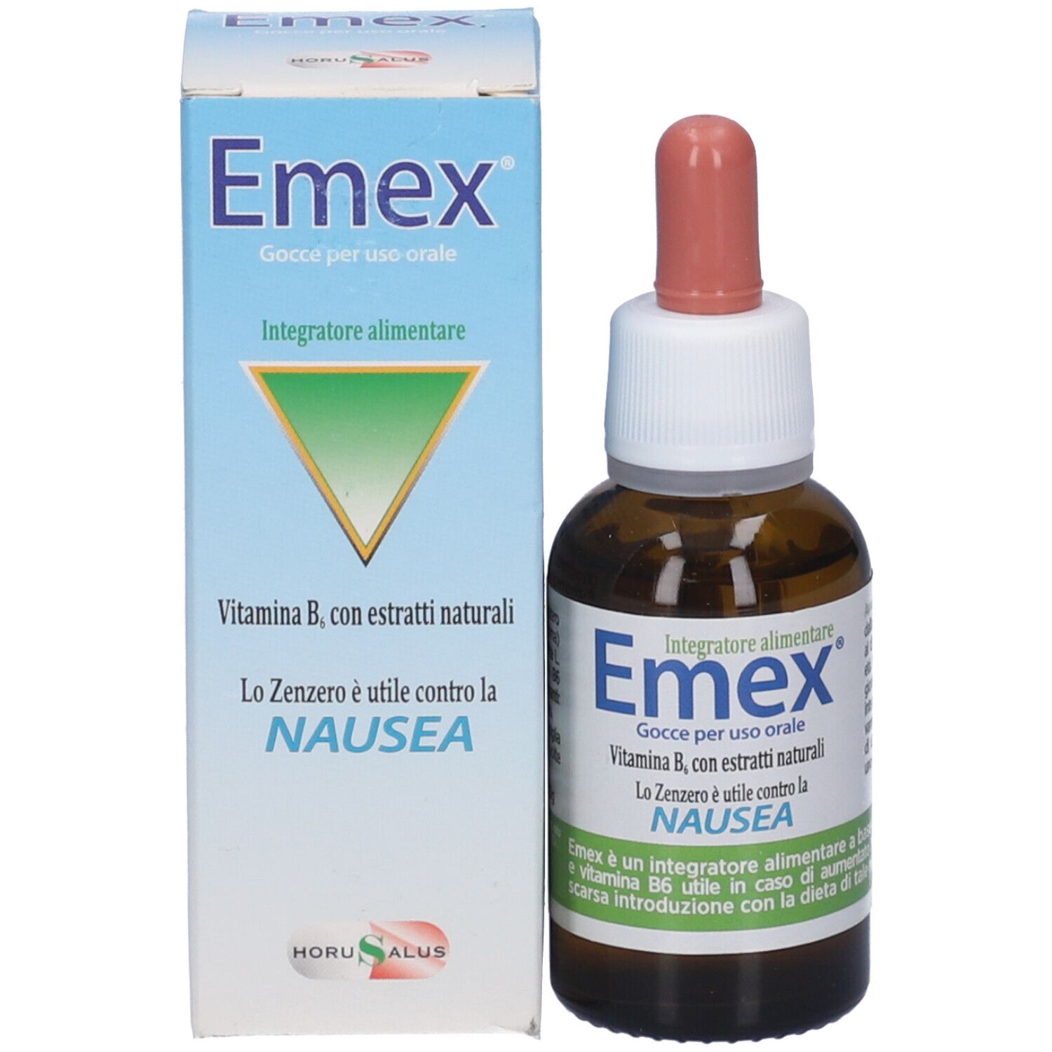Confezione e flacone del prodotto. Scritta: Emex, Gocce per uso orale, Vitamina B, con estratti naturali. Contro la nausea.