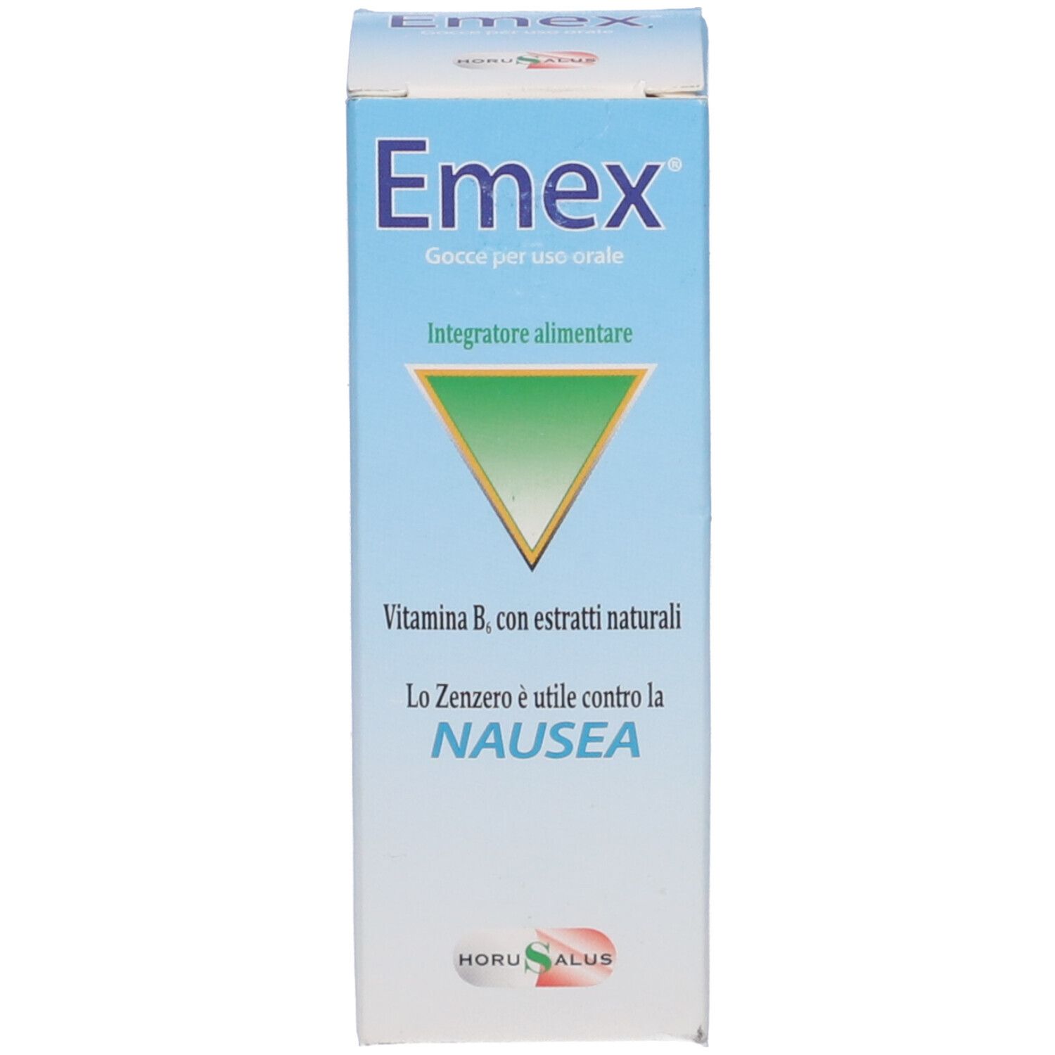 Confezione del prodotto. Scritta: Emex, Gocce per uso orale, Vitamina B, con estratti naturali. Contro la nausea. Logo.