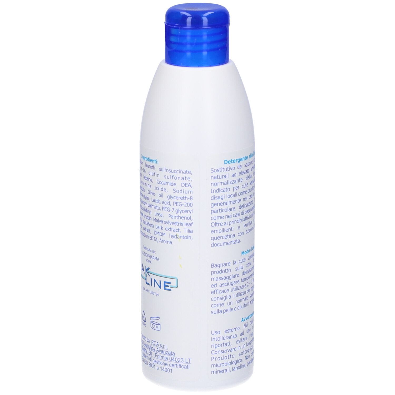 Bottiglia bianca con tappo blu. Retro con testo e ingredienti. ANTAGON liquido.