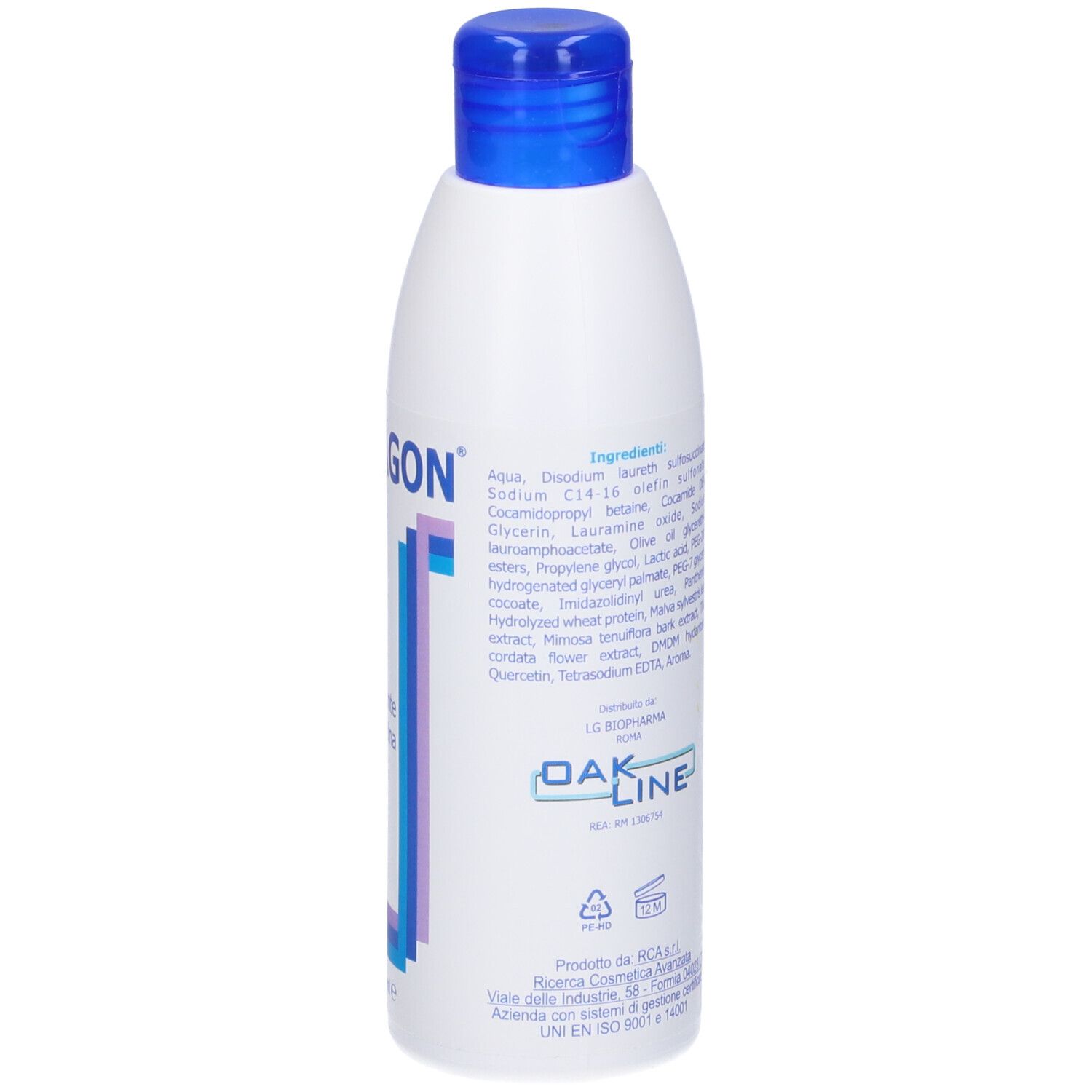 Bottiglia bianca con tappo blu. Retro con testo e ingredienti. ANTAGON liquido.