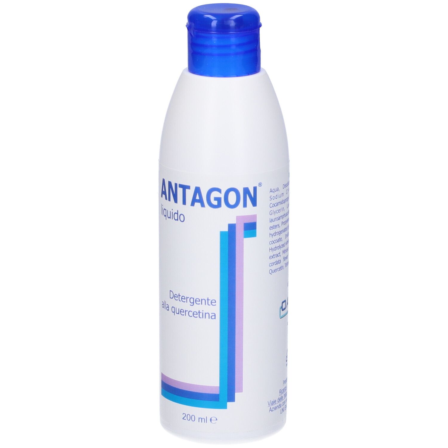 Bottiglia bianca con tappo blu. Testo: ANTAGON liquido, Detergente alla quercetina, 200 ml.
