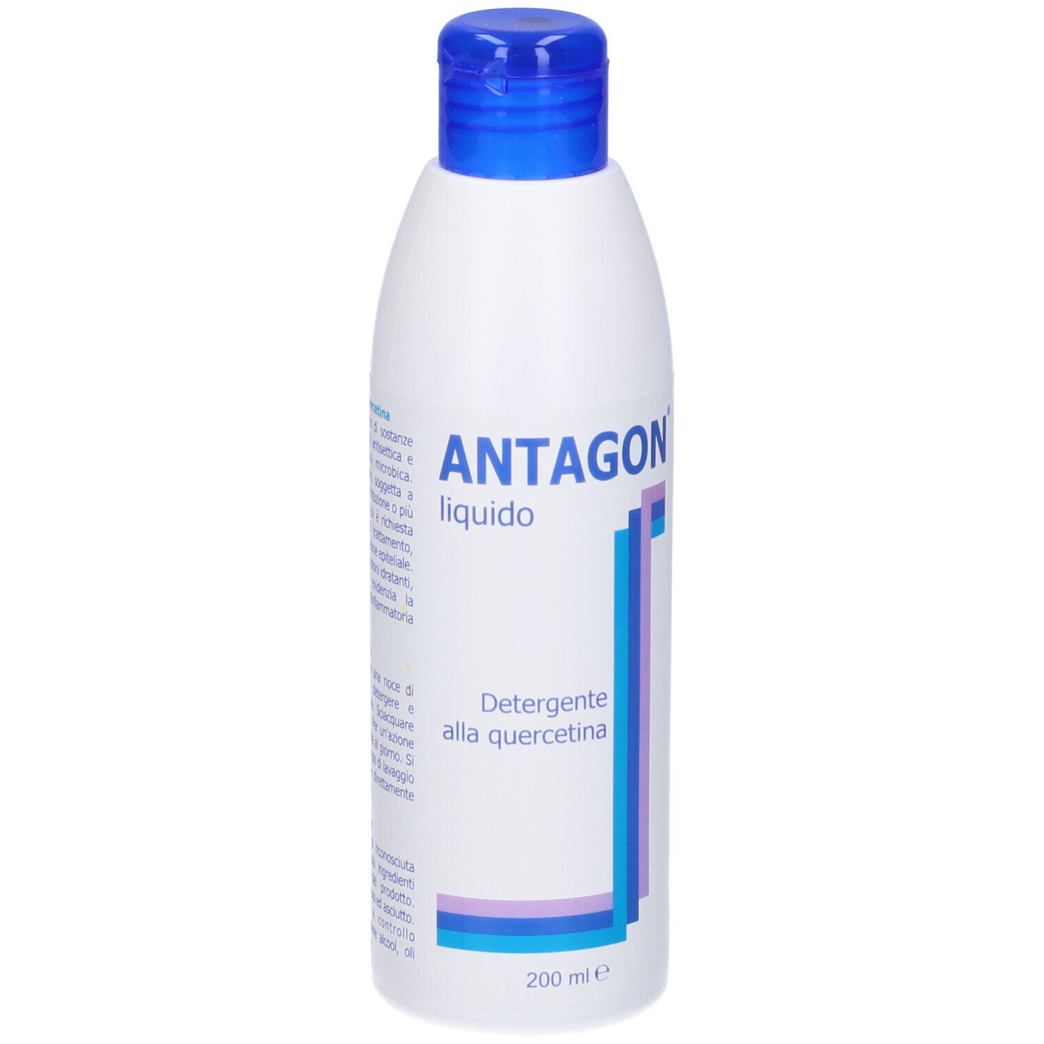 Bottiglia bianca con tappo blu. Testo: ANTAGON liquido, Detergente alla quercetina, 200 ml.