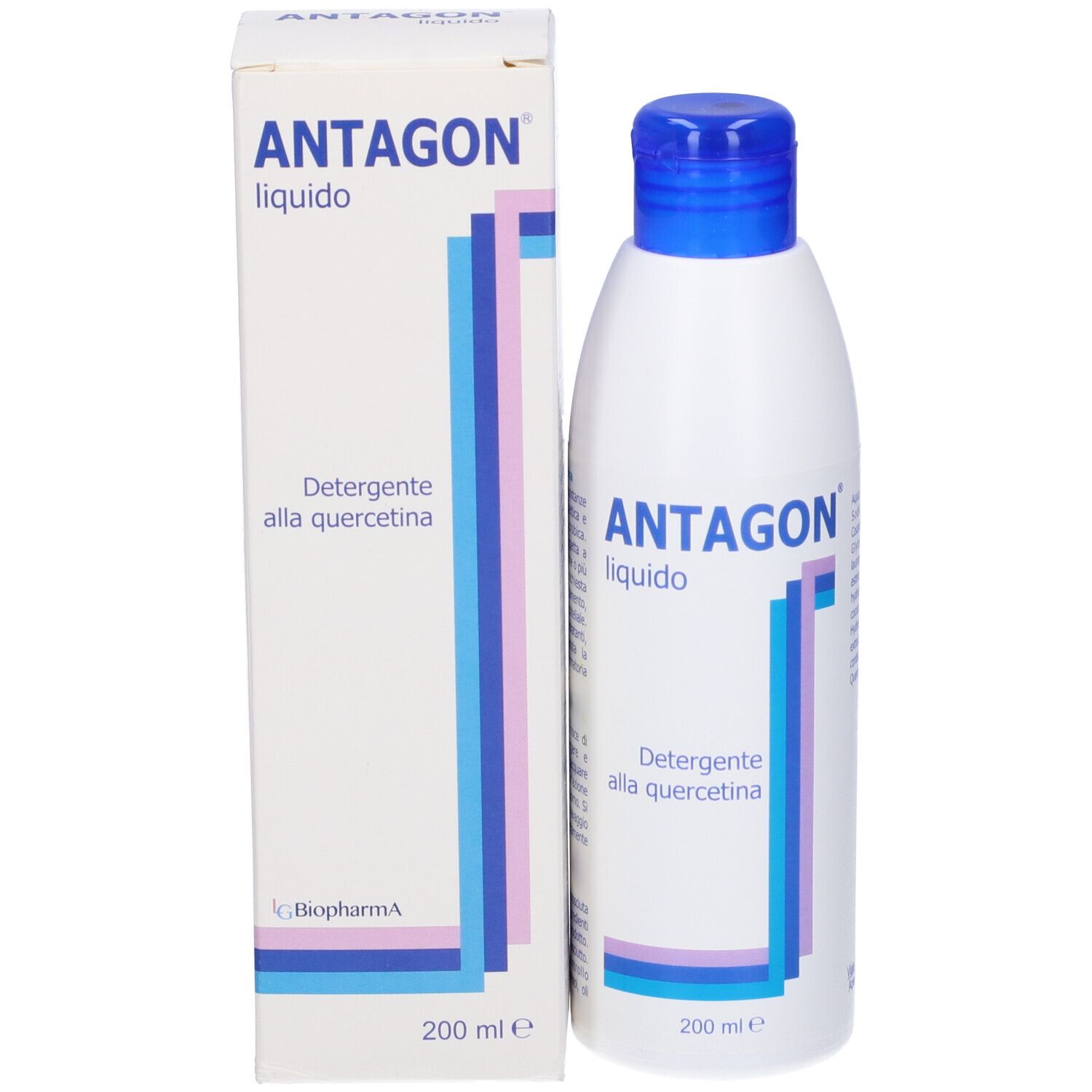 Bottiglia e scatola. Bottiglia: ANTAGON liquido, Detergente alla quercetina, 200 ml. Scatola: ANTAGON.
