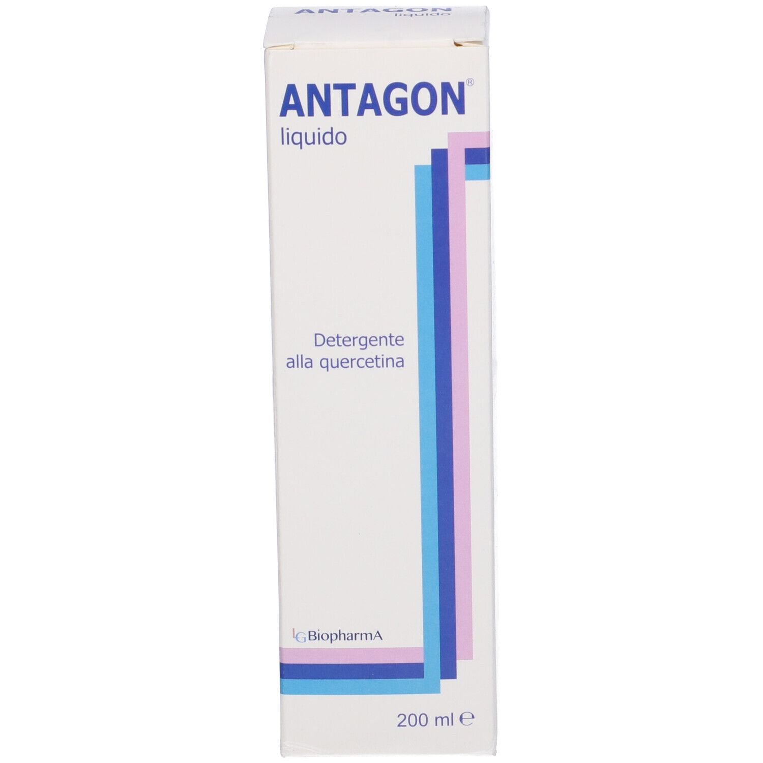 Scatola bianca con strisce blu e viola. Testo: ANTAGON liquido, Detergente alla quercetina, 200 ml.