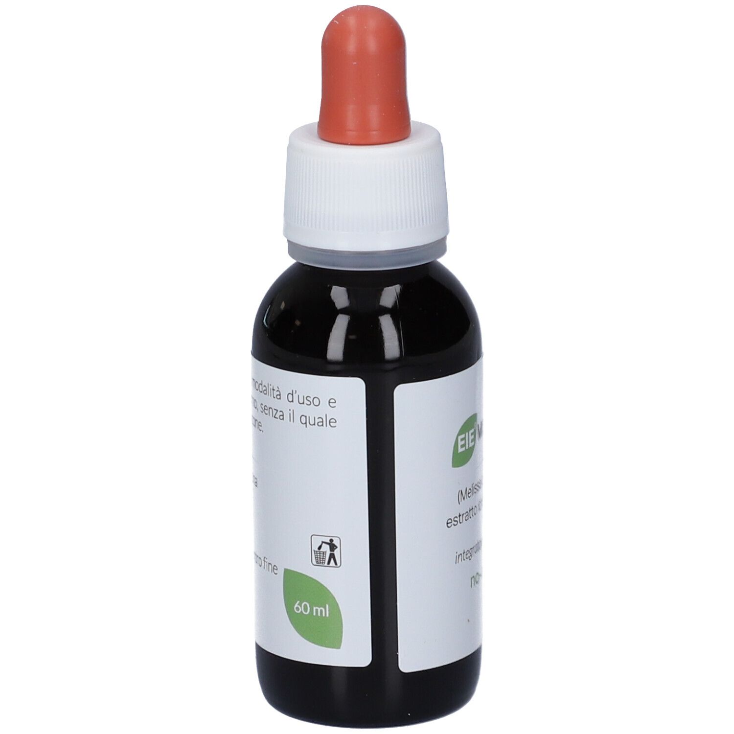 Flacone di vetro marrone con etichetta bianca. Scritta: EIE MELISSA. Con contagocce e tappo rosso. 60 ml.