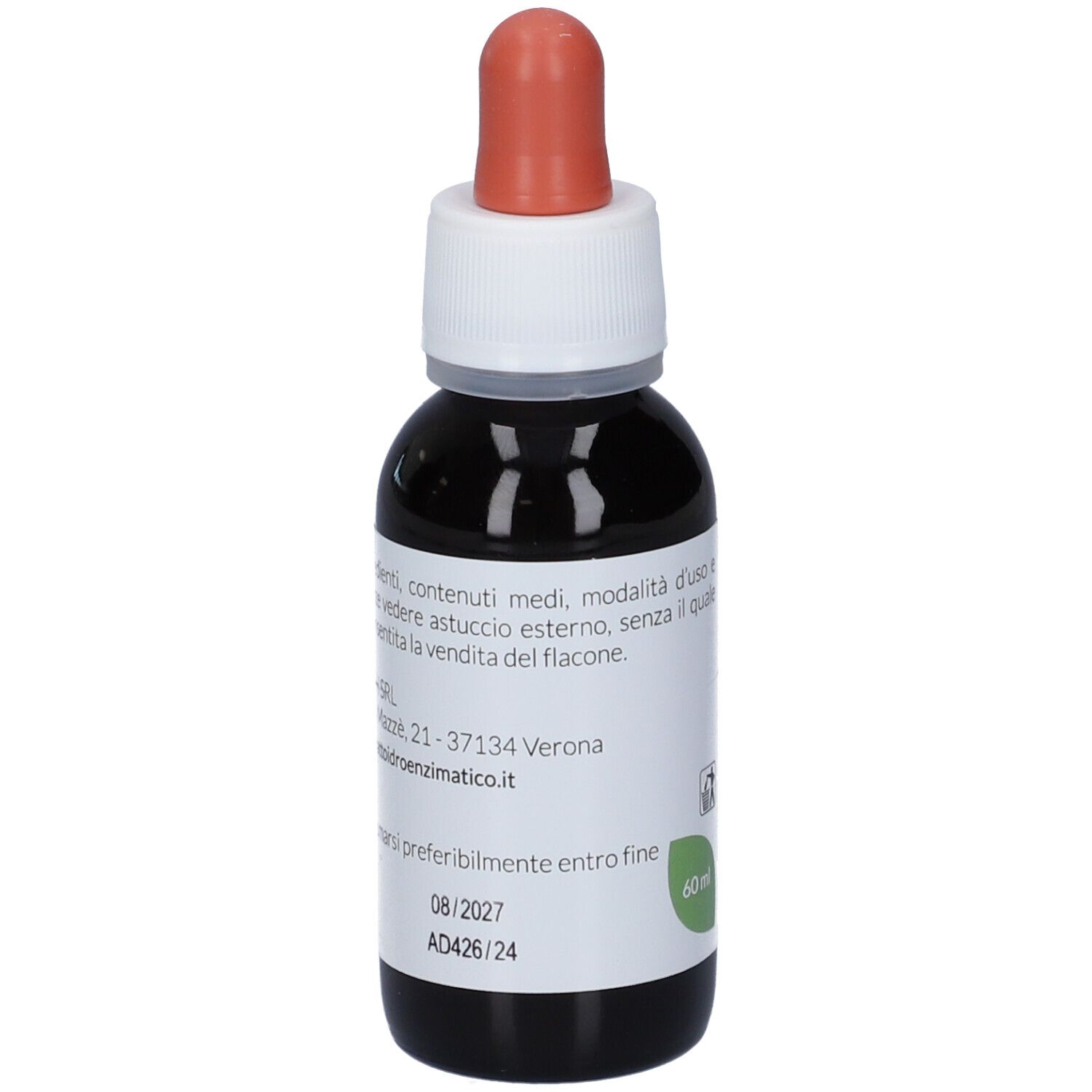 Flacone di vetro marrone con etichetta bianca. Scritta: EIE MELISSA. Con contagocce e tappo rosso. Da consumarsi preferibilmente entro 08/2027.