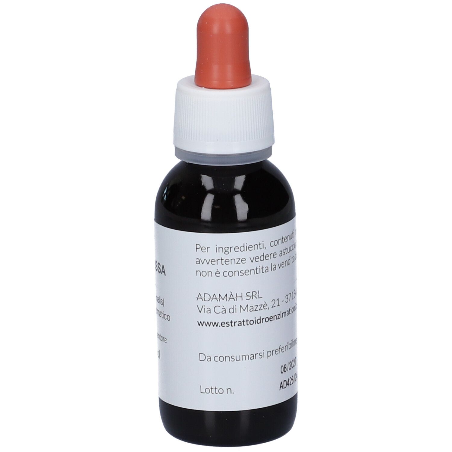 Flacone di vetro marrone con etichetta bianca. Scritta: EIE MELISSA. Con contagocce e tappo rosso. Indirizzo del produttore.
