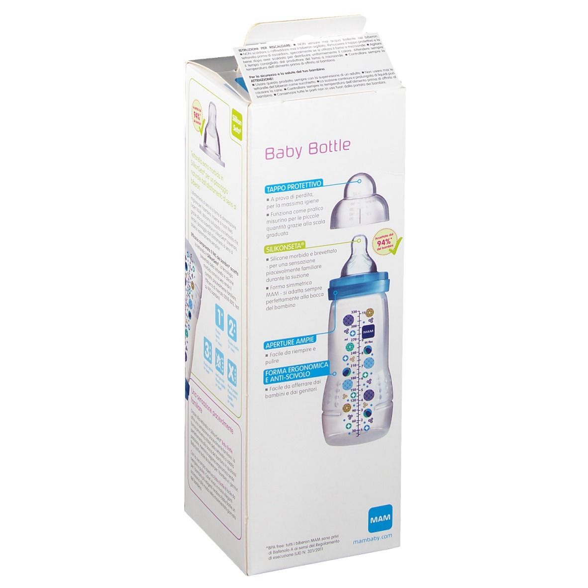 Biberon MAM nella confezione. Visibile: logo MAM, biberon con scala graduata. Confezione con informazioni e illustrazioni.