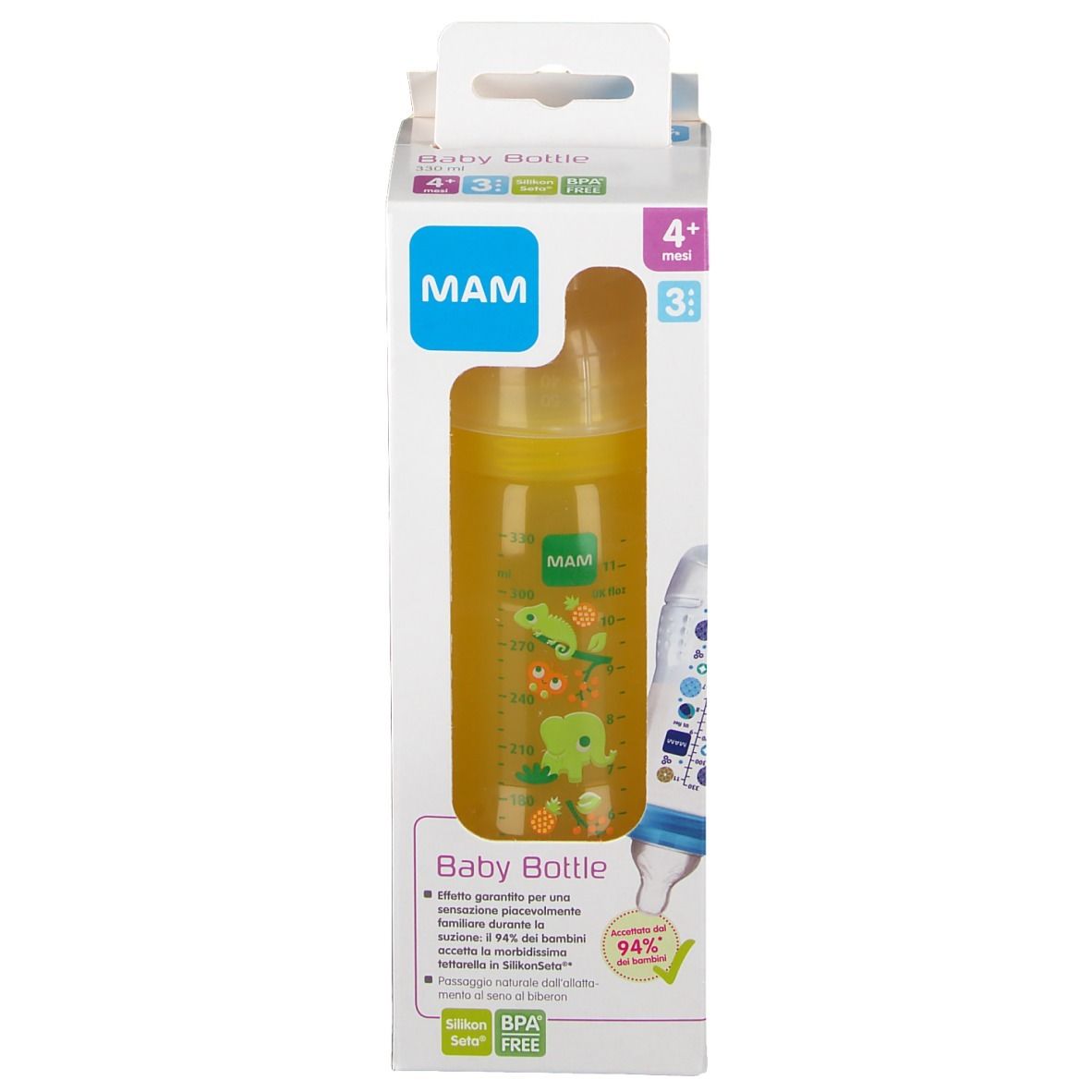 Biberon MAM nella confezione. Visibile: logo MAM, biberon giallo con motivi animali e scala graduata. Confezione con informazioni.