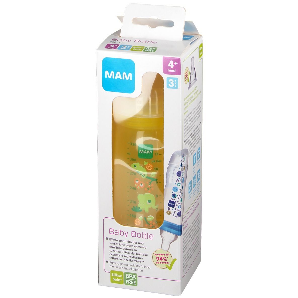 Biberon MAM nella confezione. Visibile: logo MAM, biberon giallo con motivi animali e scala graduata. Confezione con informazioni.