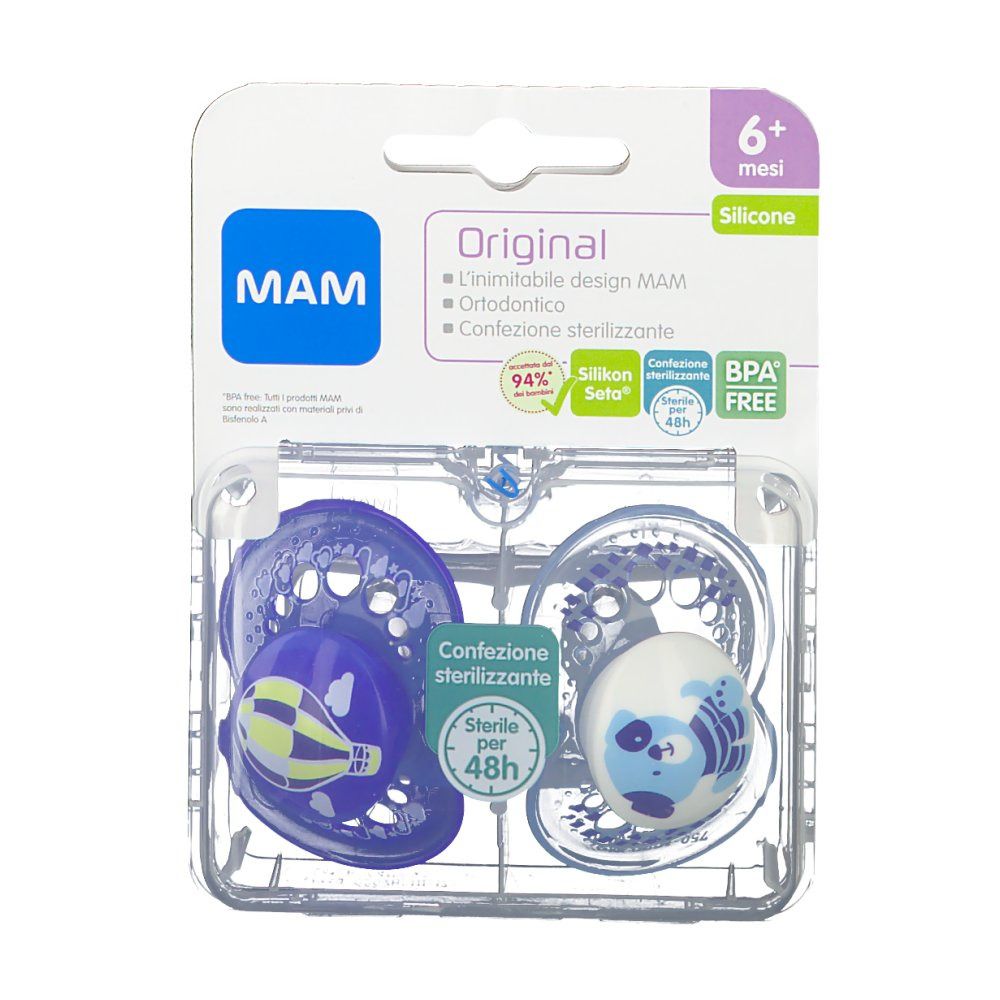 Succhietti MAM Original 6+ mesi, confezione blister. Due succhietti blu con design animali. Sterilizzabili.