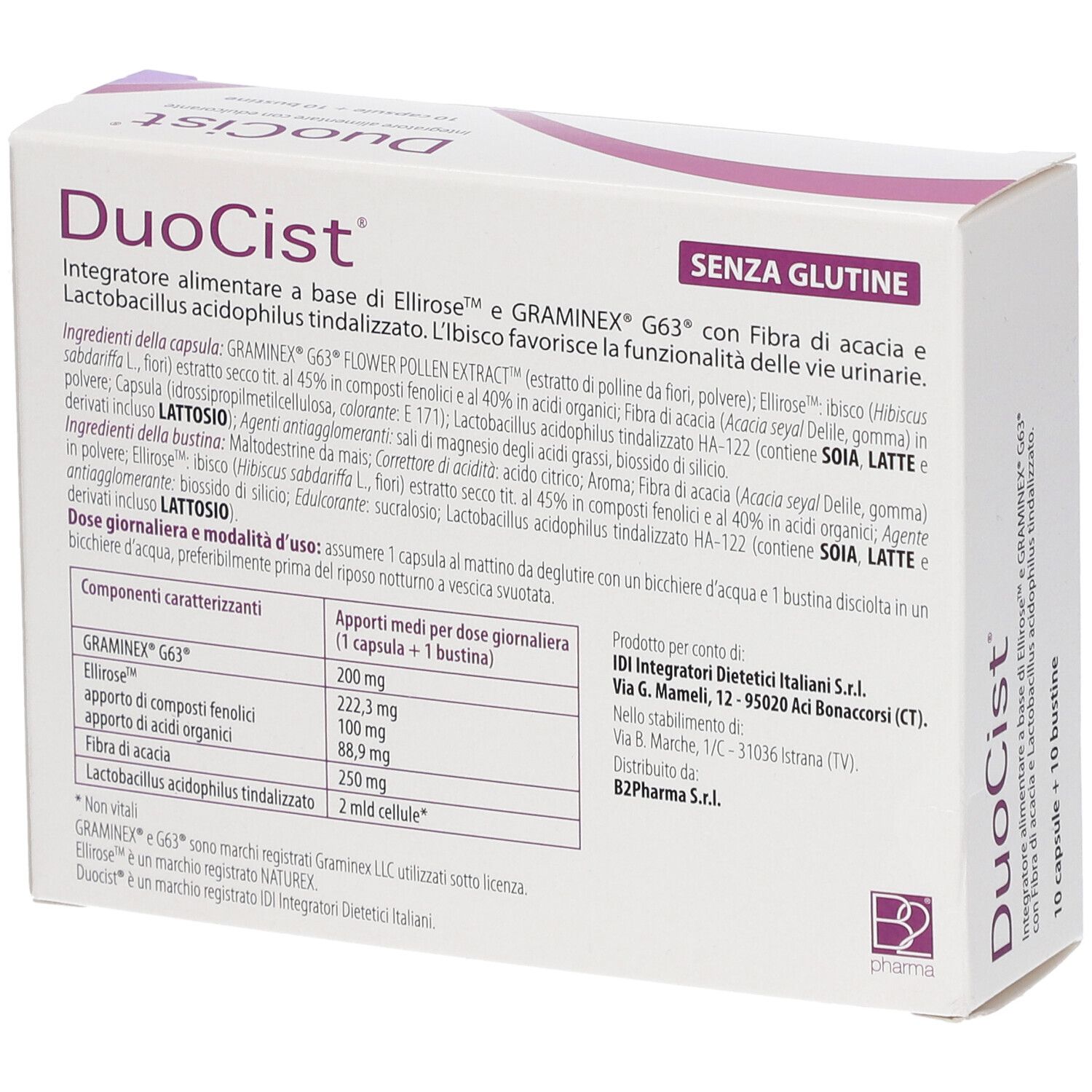 Scatola DuoCist con informazioni. Contiene: 10 capsule + 10 bustine. Testo in italiano.