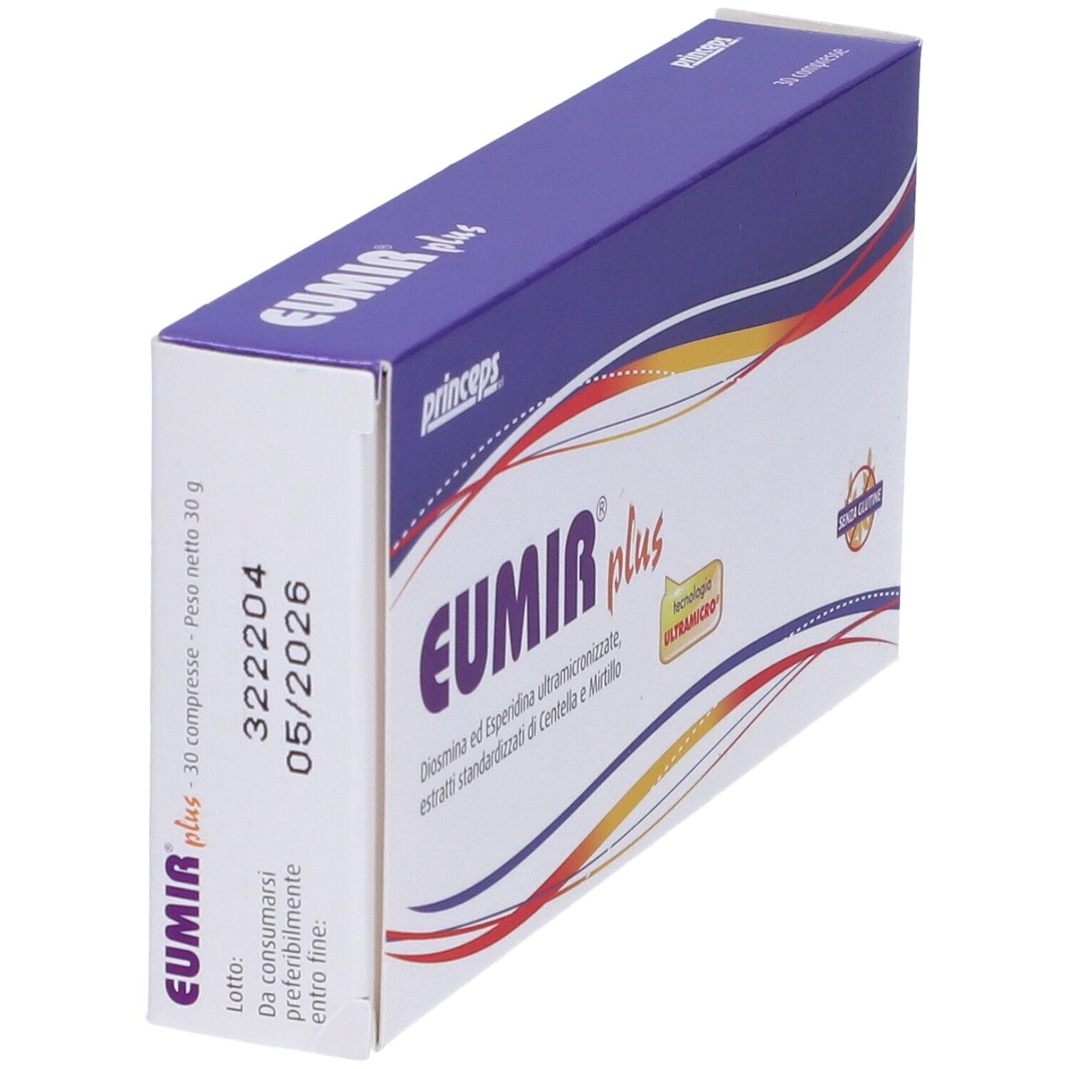 Scatola EUMIR plus. Scritto: Diosmina ed Esperidina, estratti standardizzati. Scadenza 05/2026. 30 compresse.