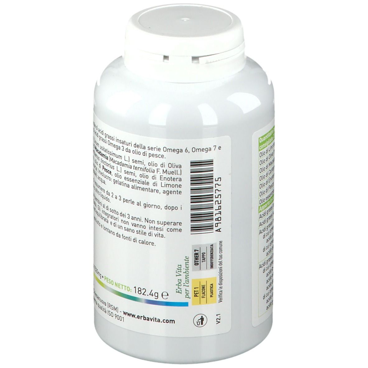 Retro di un flacone bianco. Informazioni testuali e ingredienti. Marchio: ERBA VITA. Certificazione ISO 9001.