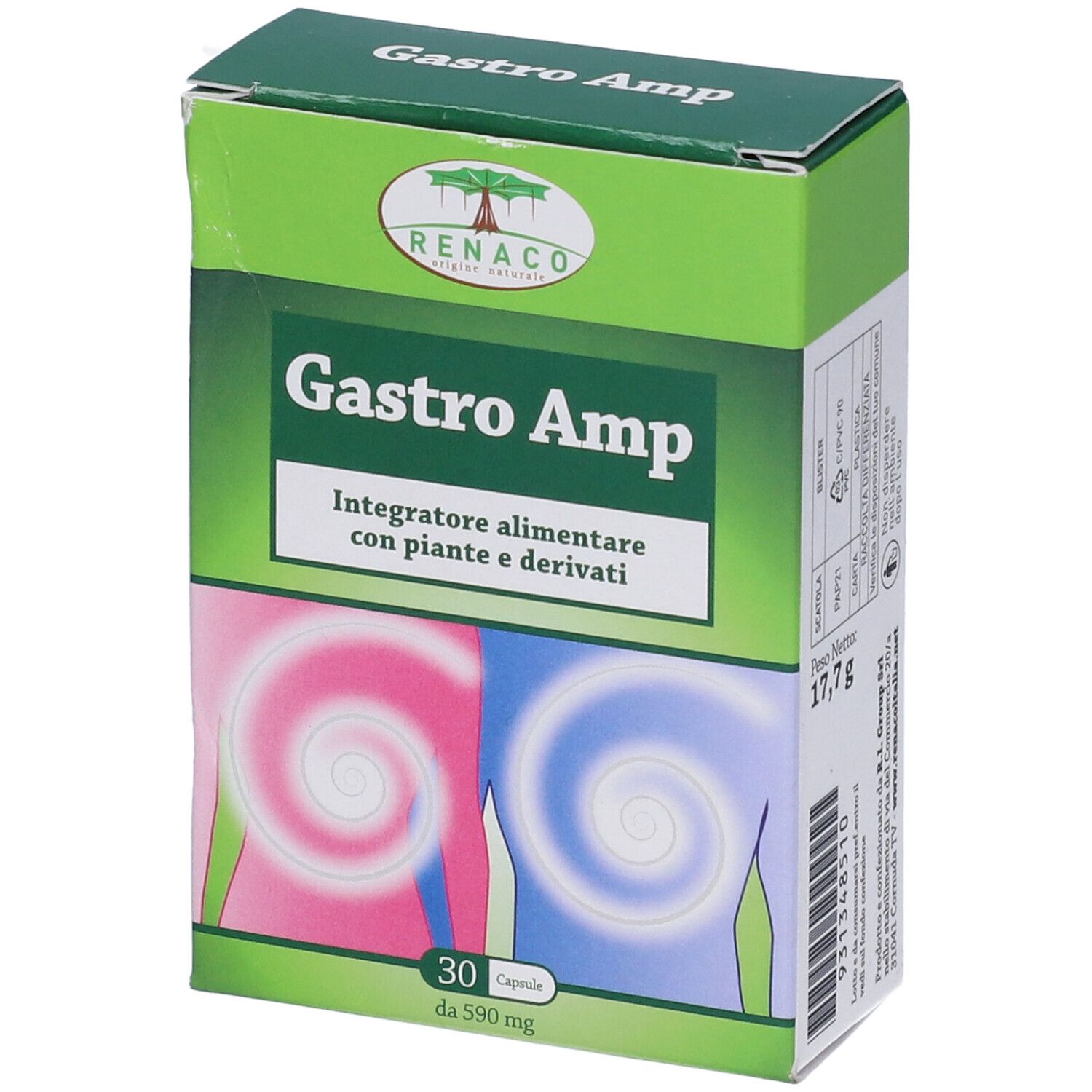 Scatola verde "Gastro Amp". Contiene 30 capsule. Marchio: Renaco.