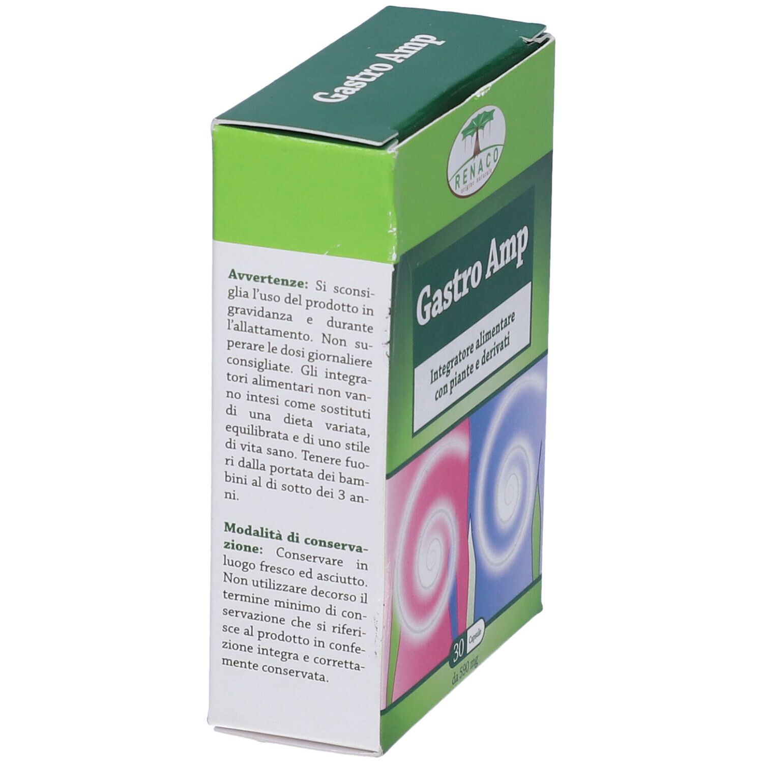 Scatola verde "Gastro Amp". Contiene 30 capsule. Marchio: Renaco.