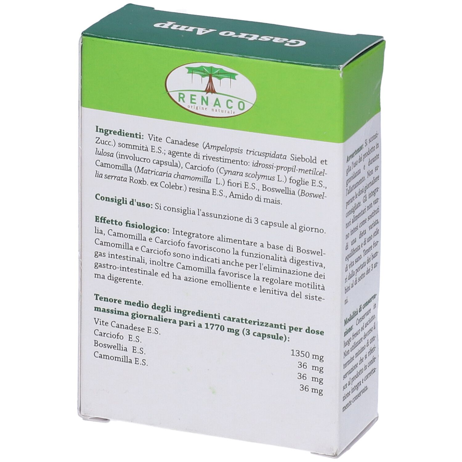 Scatola verde "Gastro Amp". Contiene 30 capsule. Marchio: Renaco.