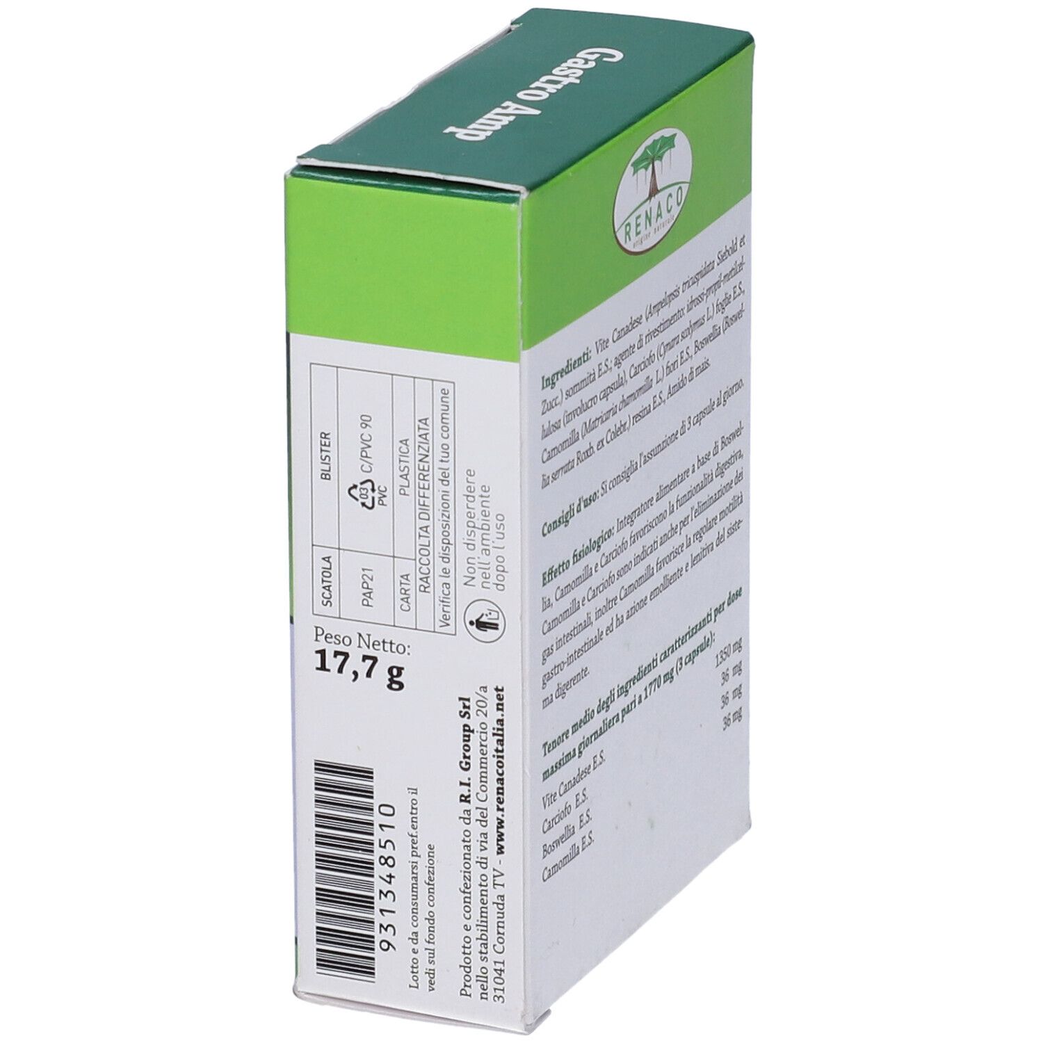 Scatola verde "Gastro Amp". Contiene 30 capsule. Marchio: Renaco.