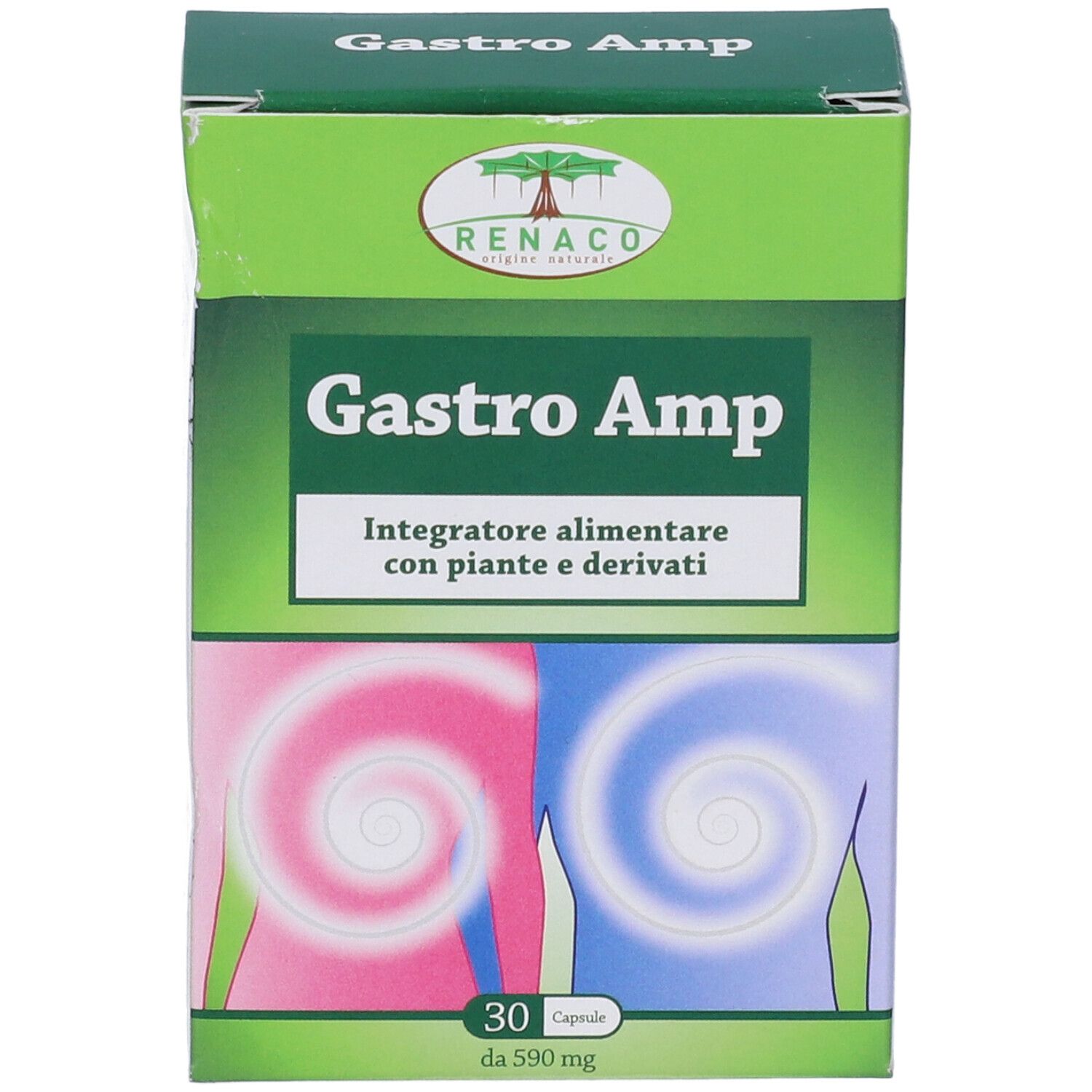 Scatola verde "Gastro Amp". Contiene 30 capsule. Marchio: Renaco.