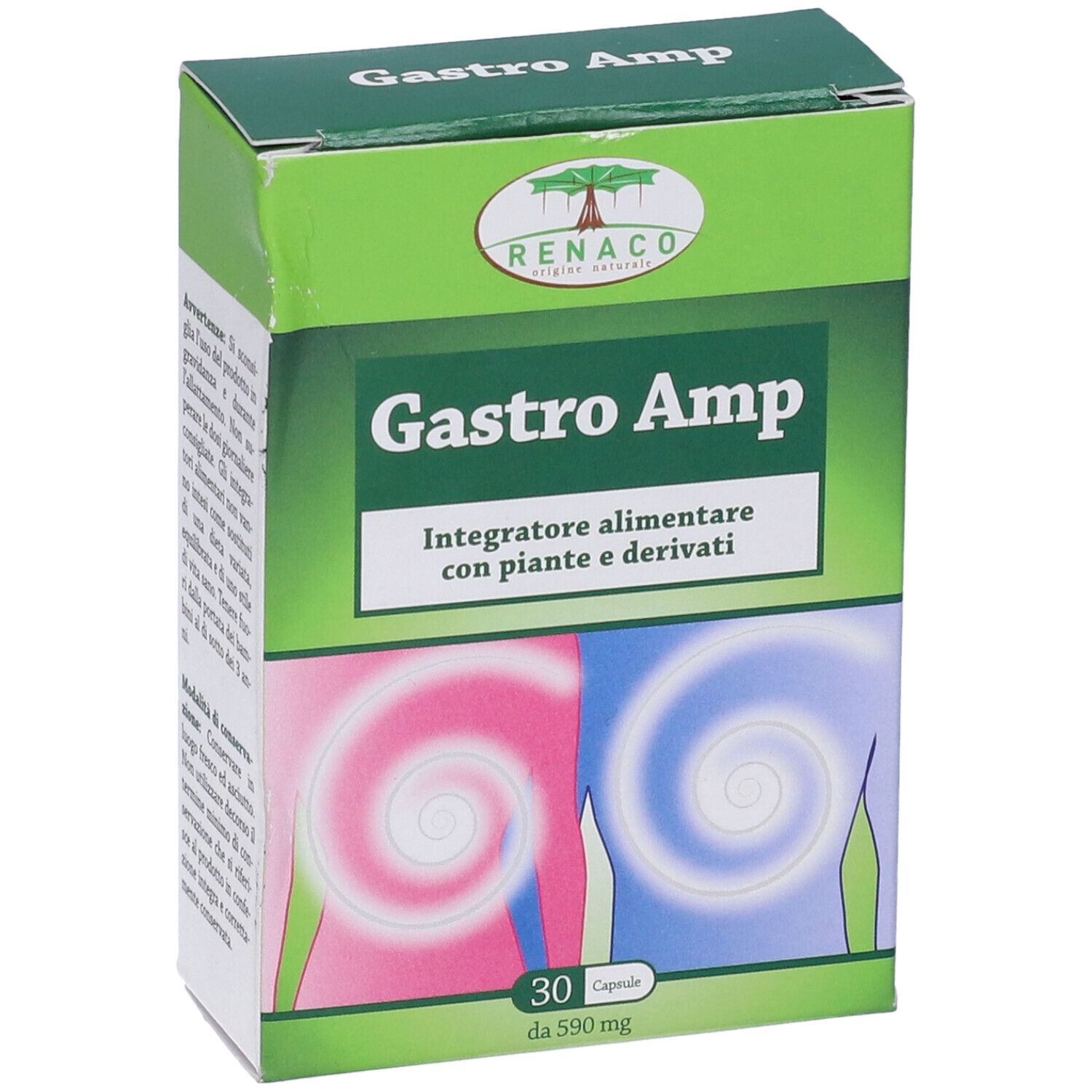 Scatola verde "Gastro Amp". Contiene 30 capsule. Marchio: Renaco.