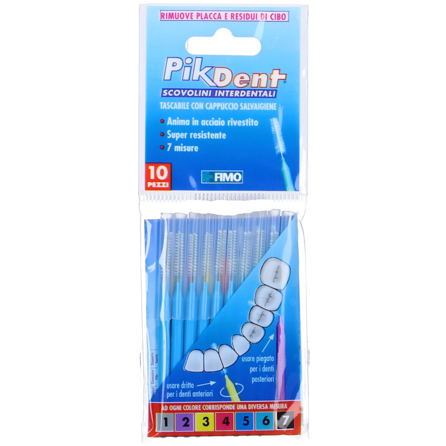 Confezione di 10 scovolini blu. Marchio PikDent, testo italiano. Vista frontale.