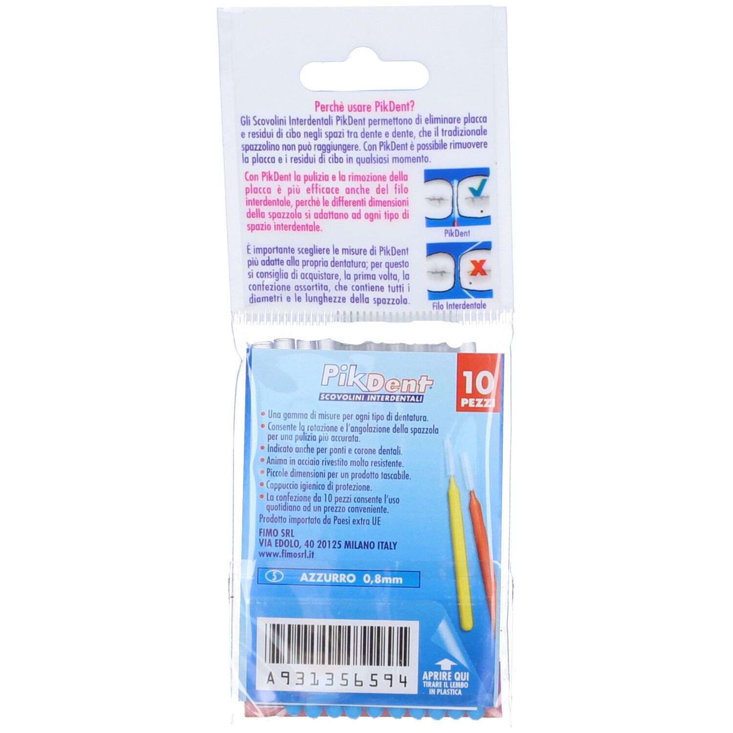 Retro della confezione di 10 scovolini blu. Testo italiano, marchio PikDent.