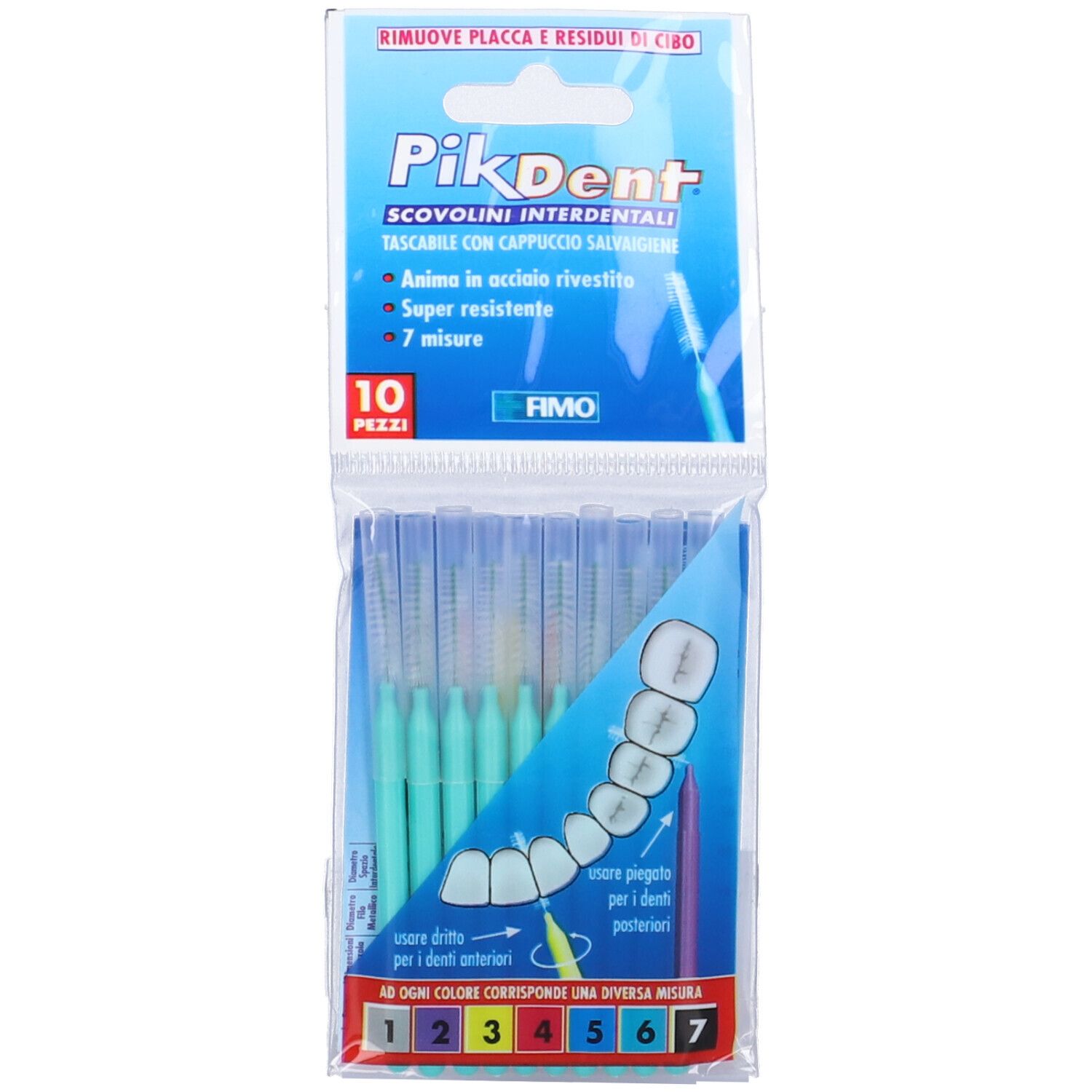 Scovolini interdentali in confezione. 10 pezzi. Verdi. Nome e testo del prodotto visibili.