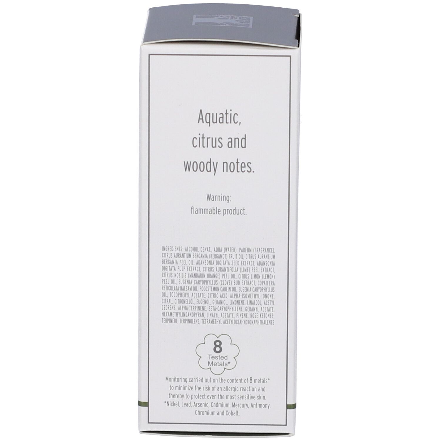 Retro della scatola. Testo: Aquatic, citrus and woody notes. Otto metalli testati.