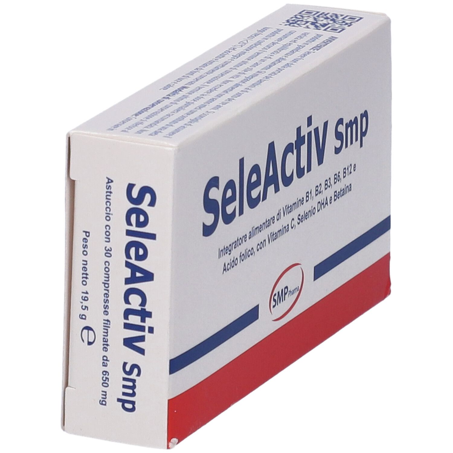 Scatola bianca a strisce blu. Scritto: SeleActiv smp. Contiene 30 compresse. Marchio SMP Pharma.