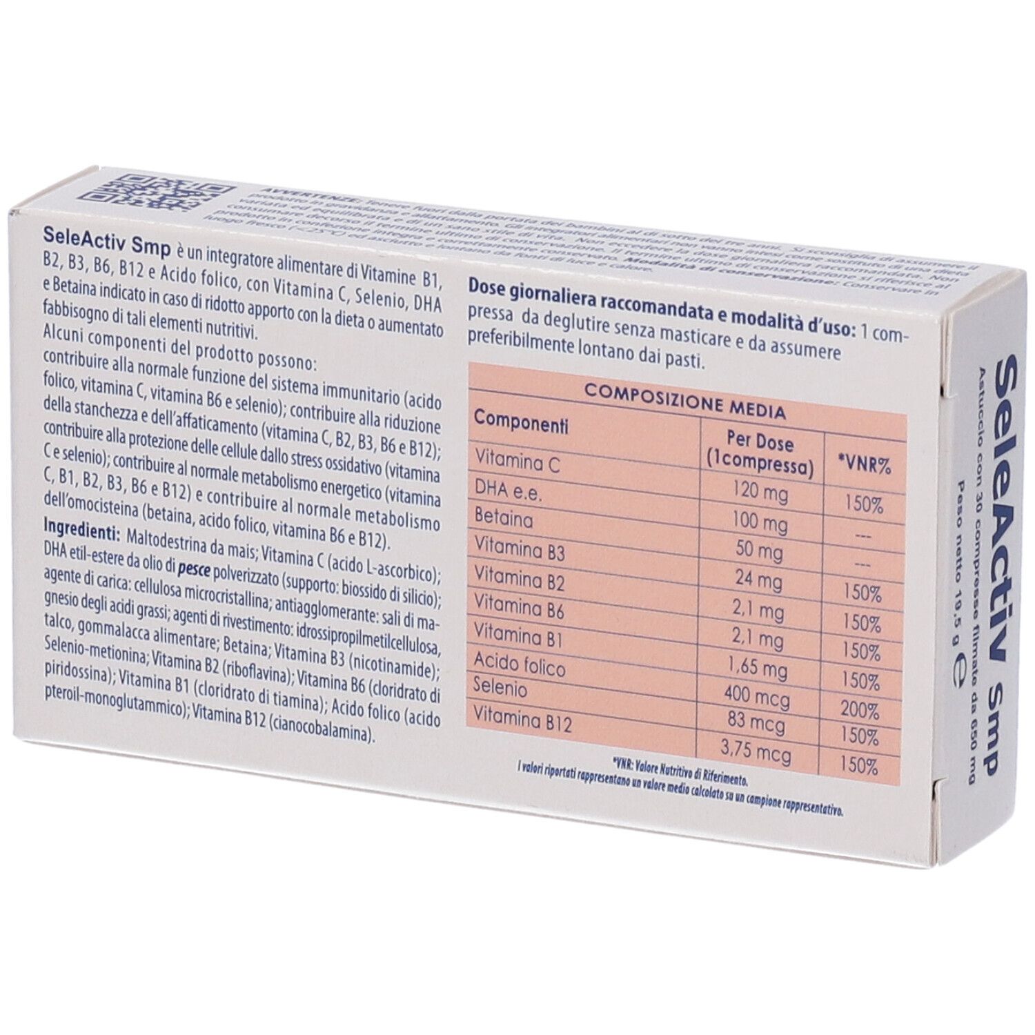 Retro della scatola. Contiene una tabella con ingredienti e informazioni nutrizionali. Marchio SMP Pharma.