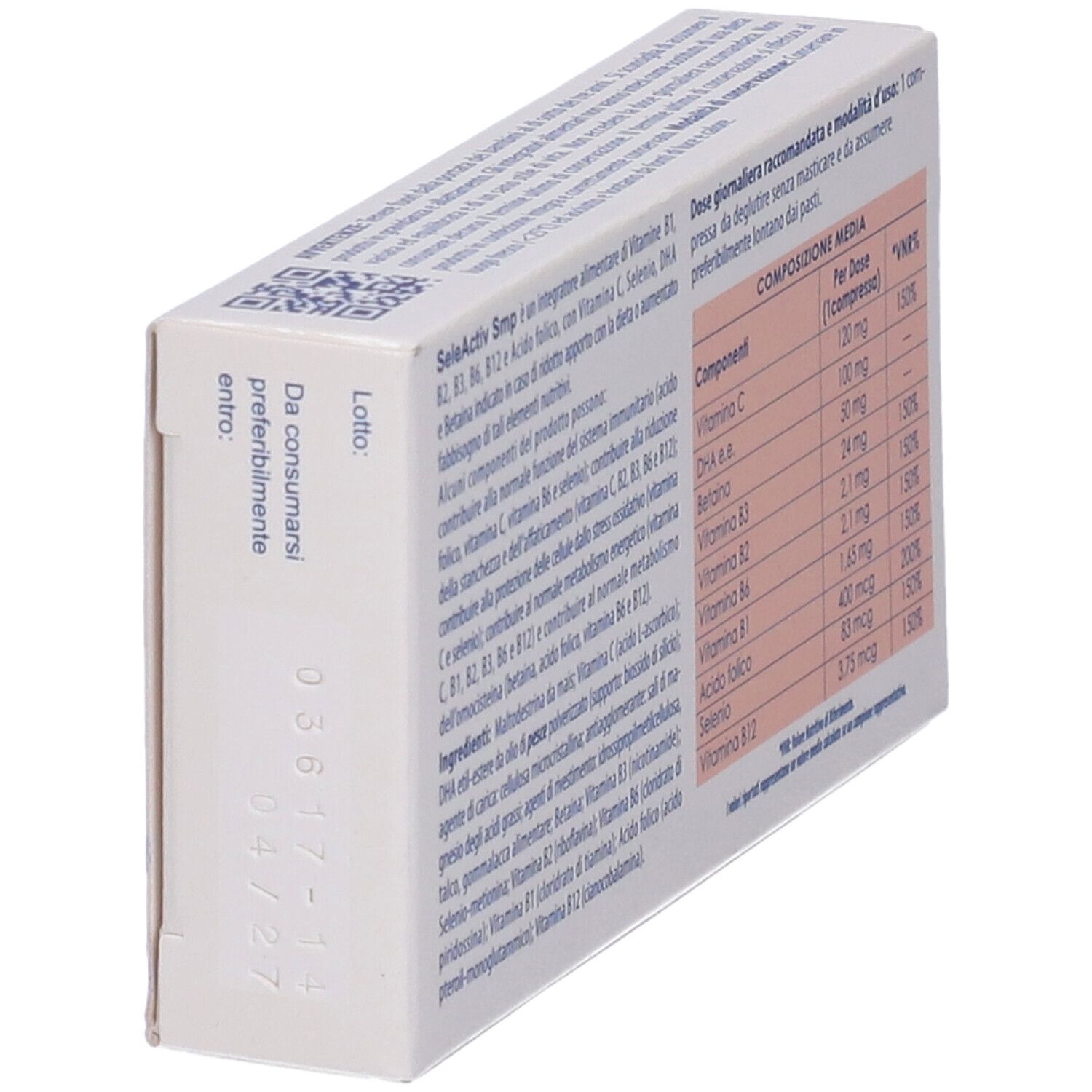 Vista laterale della scatola. Contiene testo e una tabella degli ingredienti. Data di scadenza.
