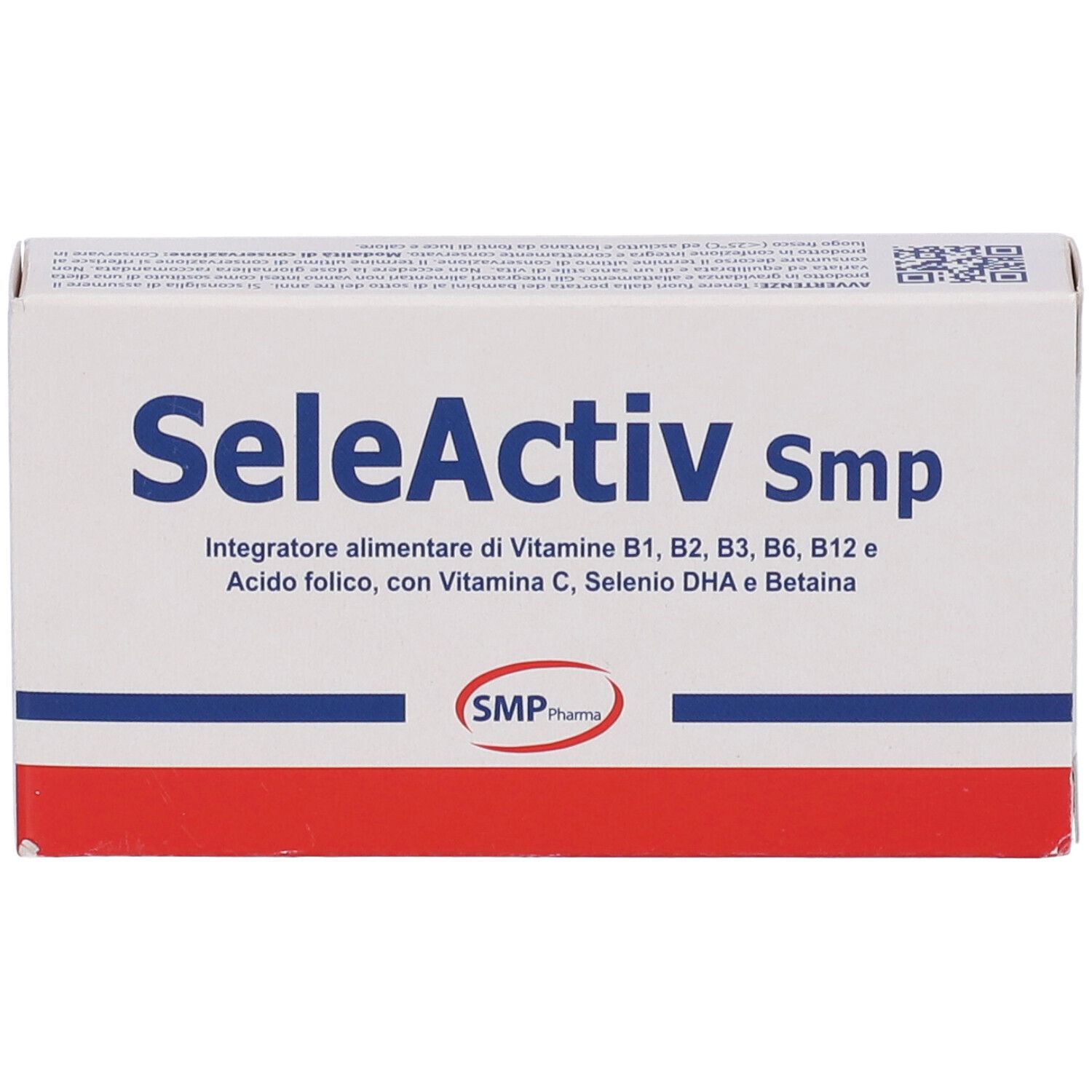Scatola bianca con fascia rossa. Scritto: SeleActiv smp. Contiene vitamine, acido folico, vitamina C, selenio, DHA e betaina. SMP Pharma.