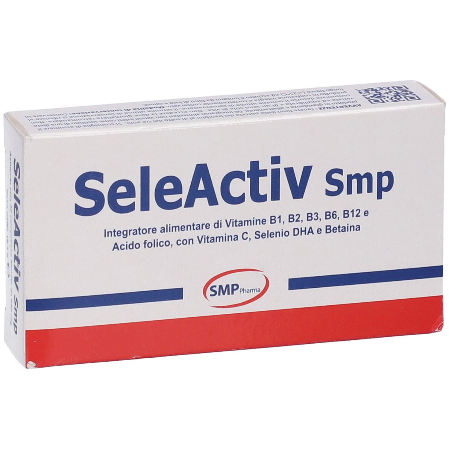 Scatola bianca con fascia rossa. Scritto: SeleActiv smp. Contiene vitamine, acido folico, vitamina C, selenio, DHA e betaina. SMP Pharma.