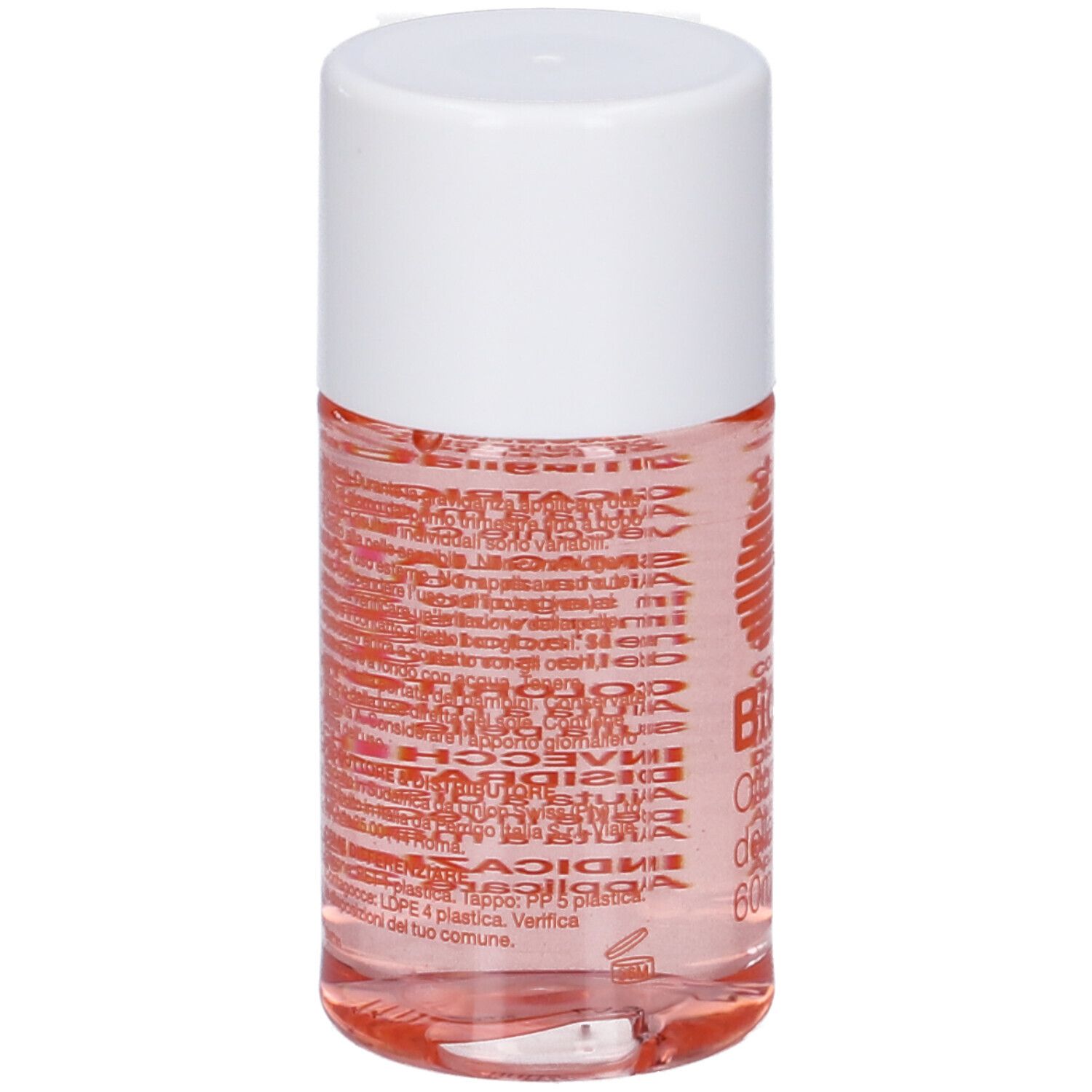 Retro del flacone di Bio-Oil®. Testo in italiano. Logo arancione. Tappo bianco.