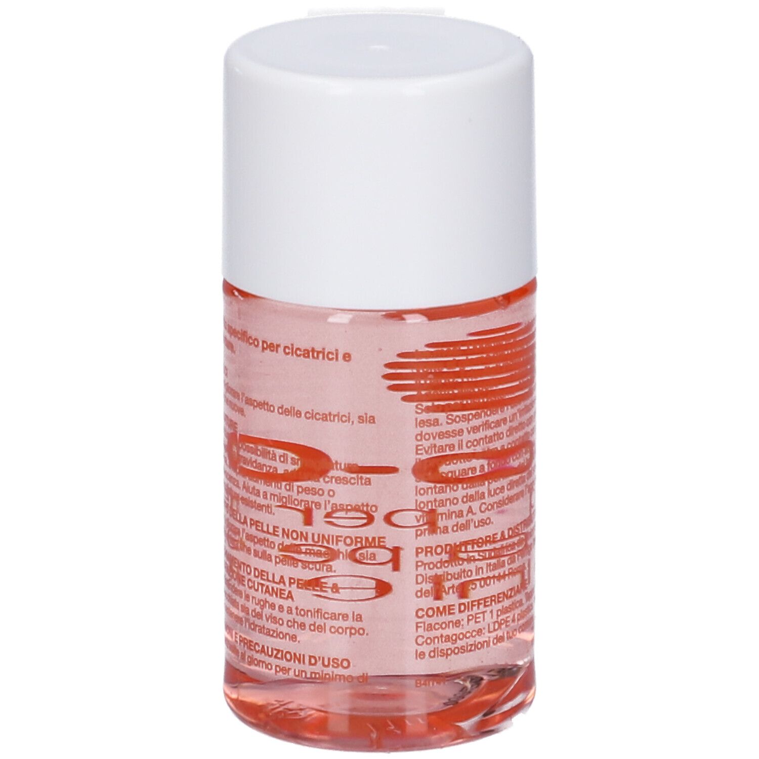 Retro del flacone di Bio-Oil®. Testo in italiano. Tappo bianco. Liquido trasparente.